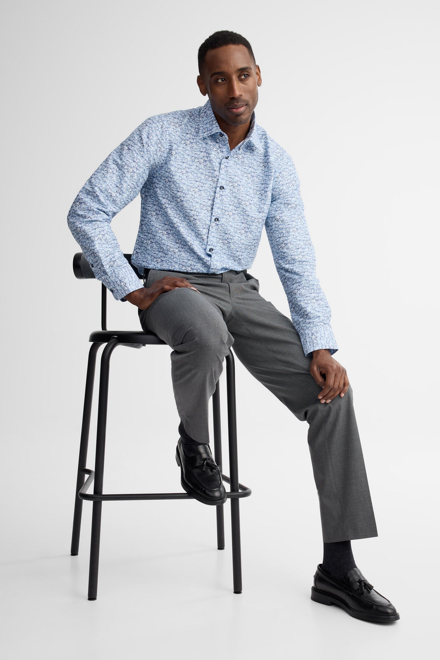 Chemise manches longes coupe ajustée coton - Homme && BLEU MULTI