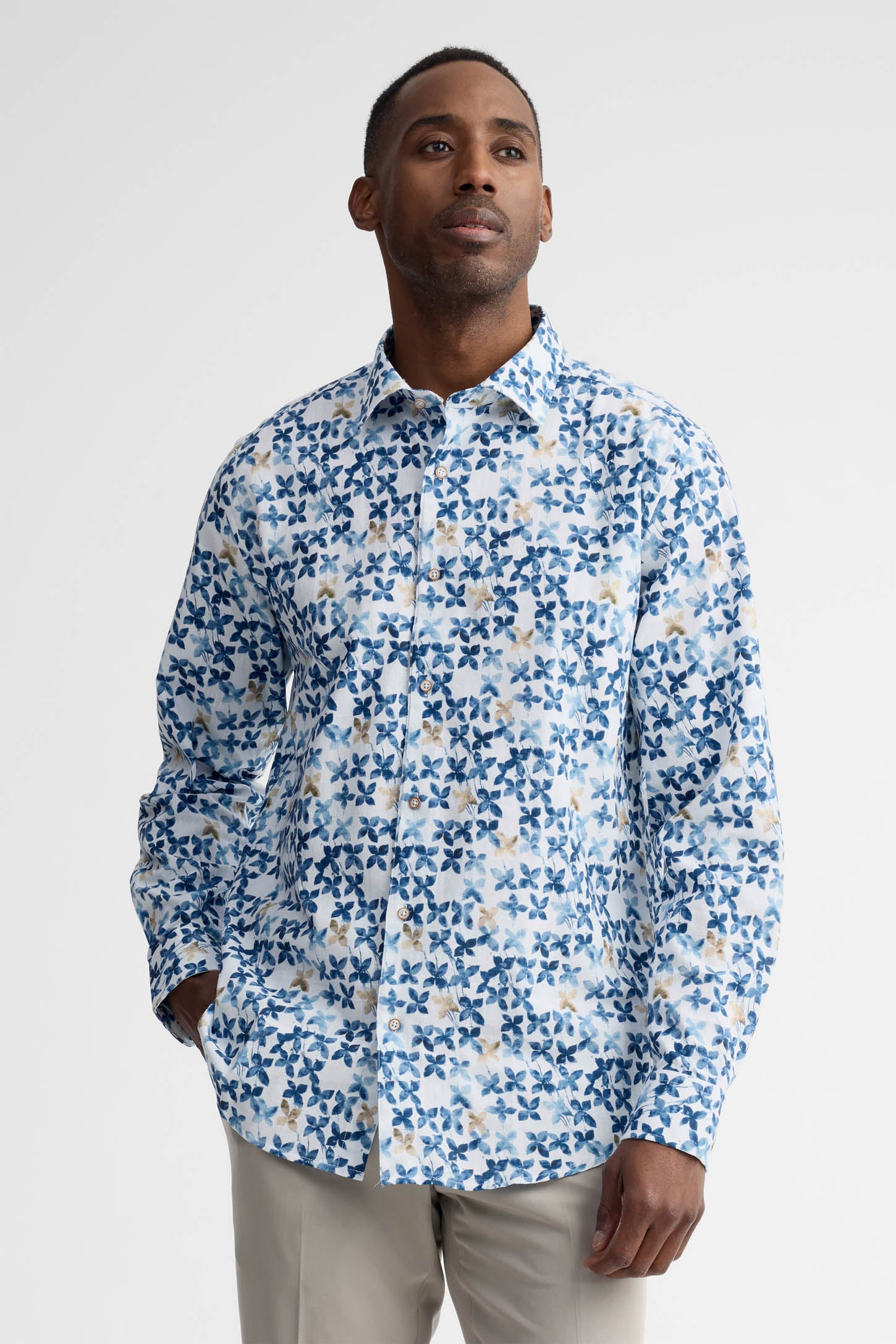 Chemise manches longes coupe ajustée coton - Homme && BLEU MULTI