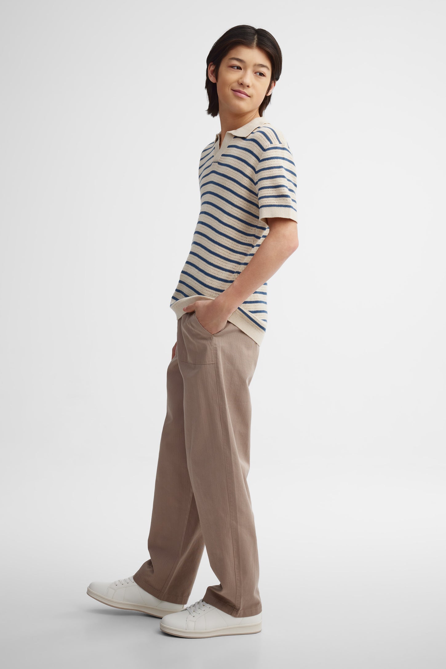 Polo rayé manches courtes en tricot - Ado garçon && BEIGE/MULTI