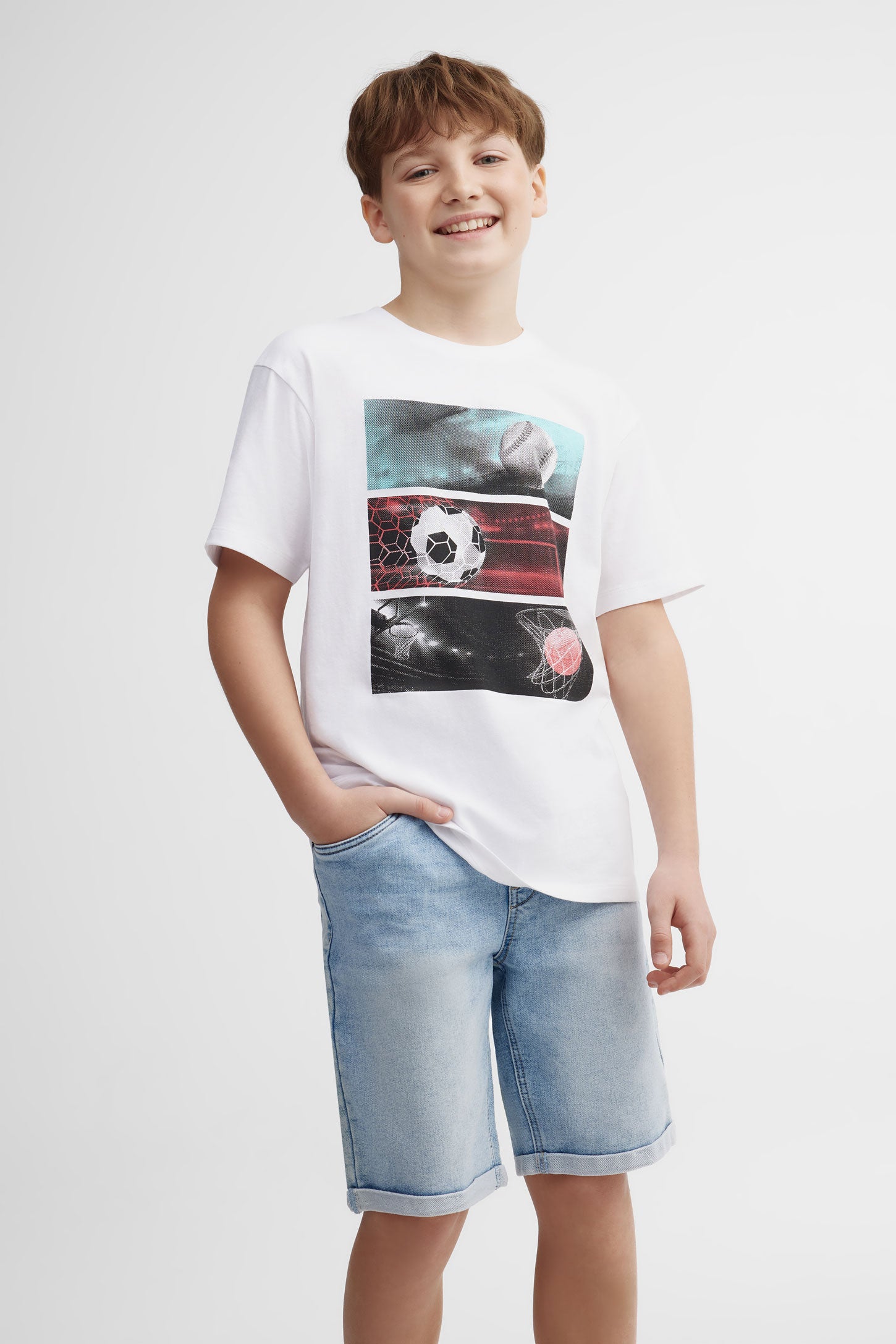 T-shirt col rond, 2/25- ado garçon && BLANC