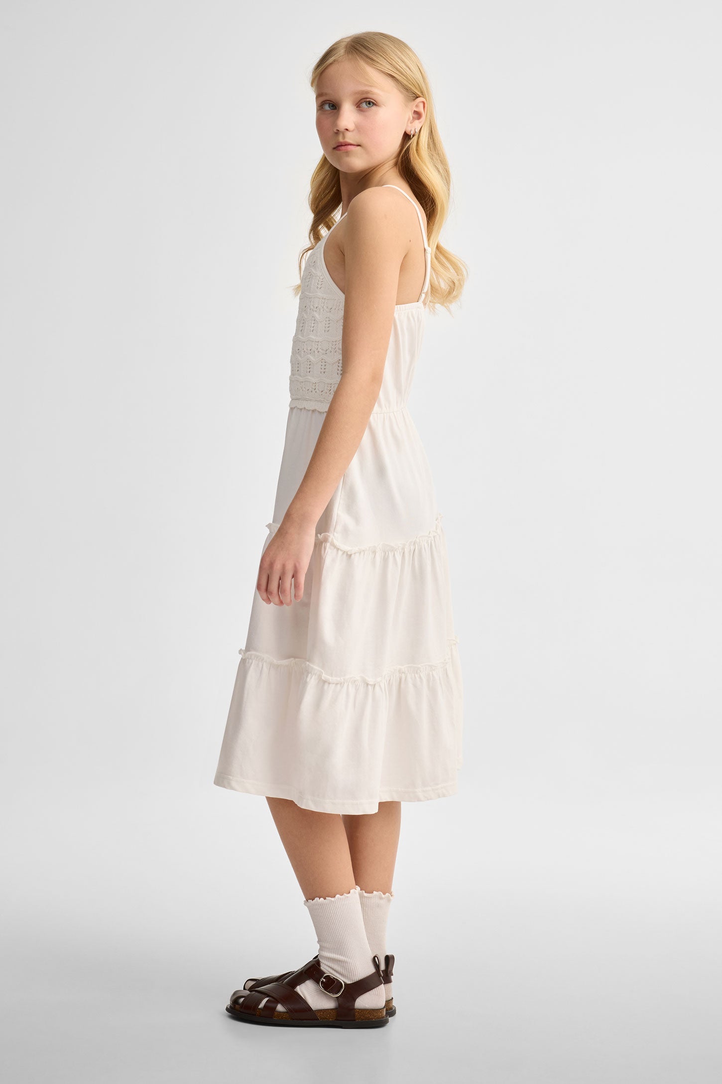 Robe tricot à volants étagés coton - Ado fille && BLANC