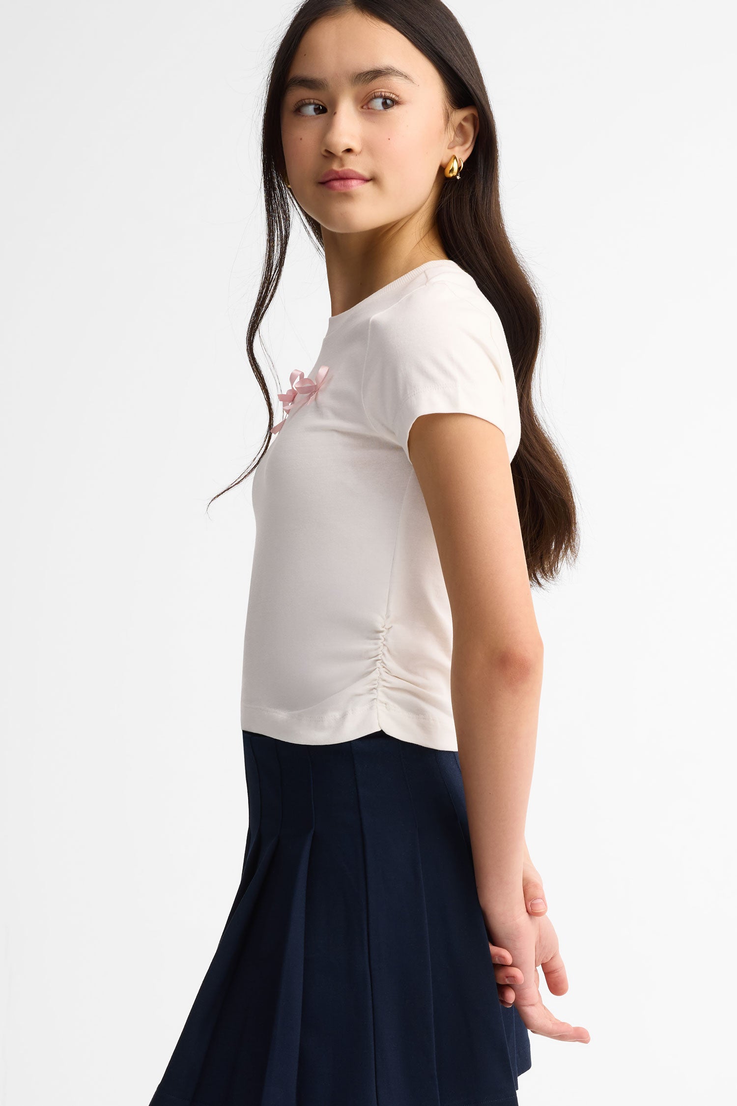 T-shirt col rond avec boucles en coton - Ado fille && BLANC