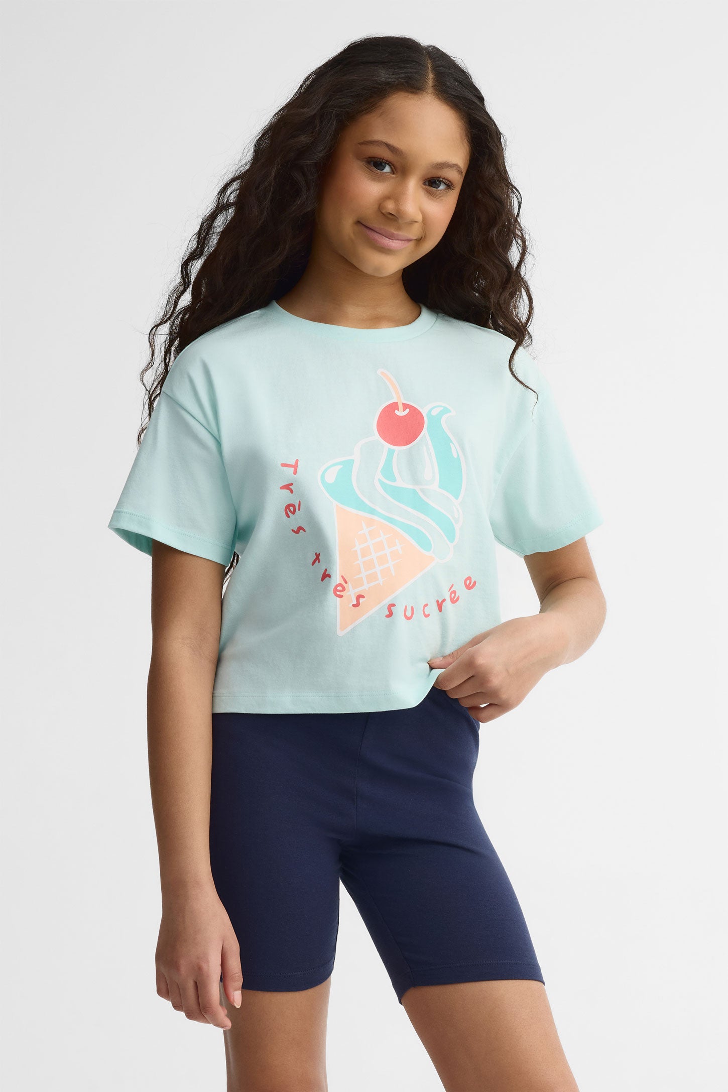 T-shirt écourté imprimé coton, 2/25$ - Ado fille && BLEU PALE