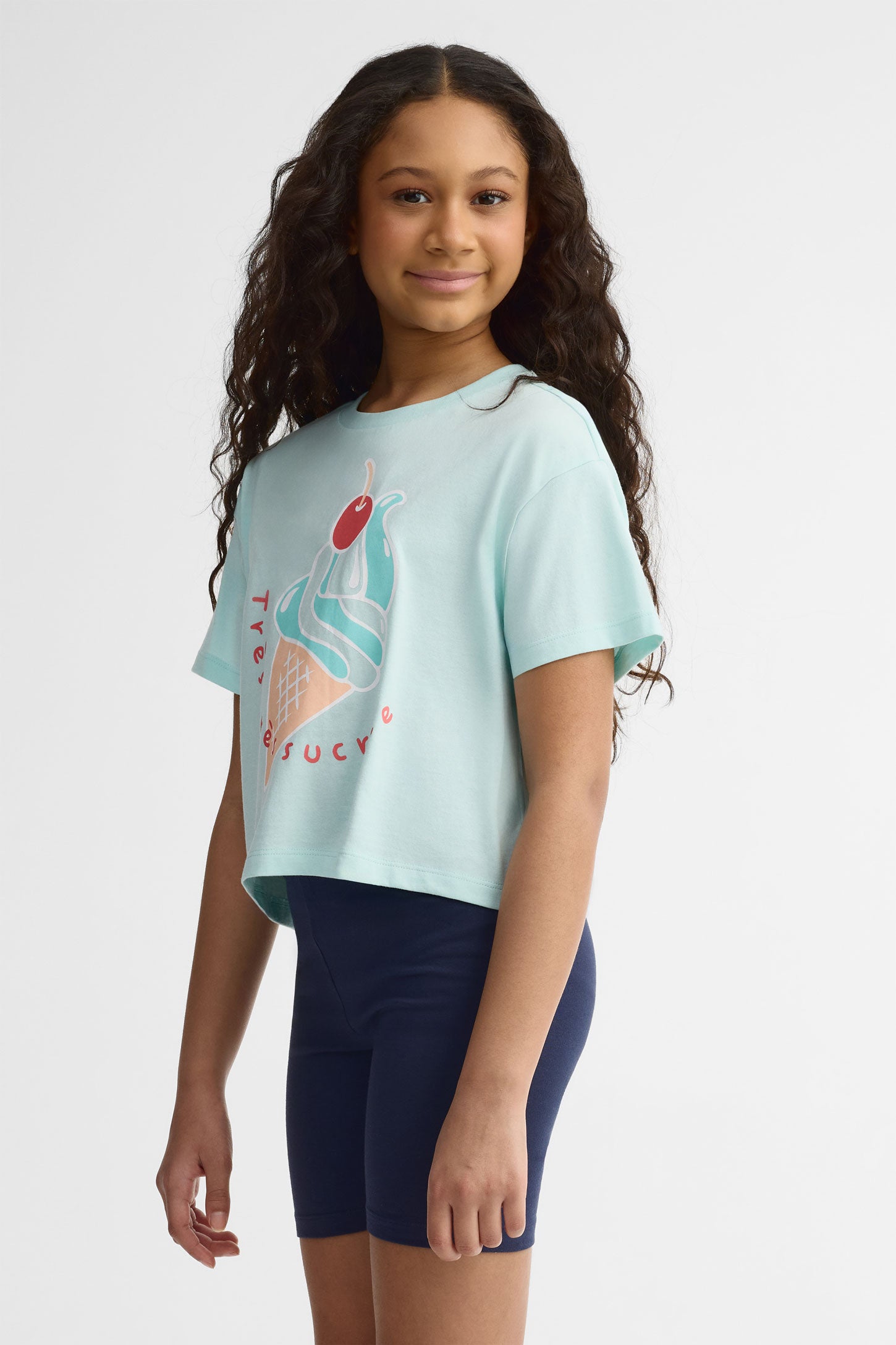 T-shirt écourté imprimé coton, 2/25$ - Ado fille && BLEU PALE