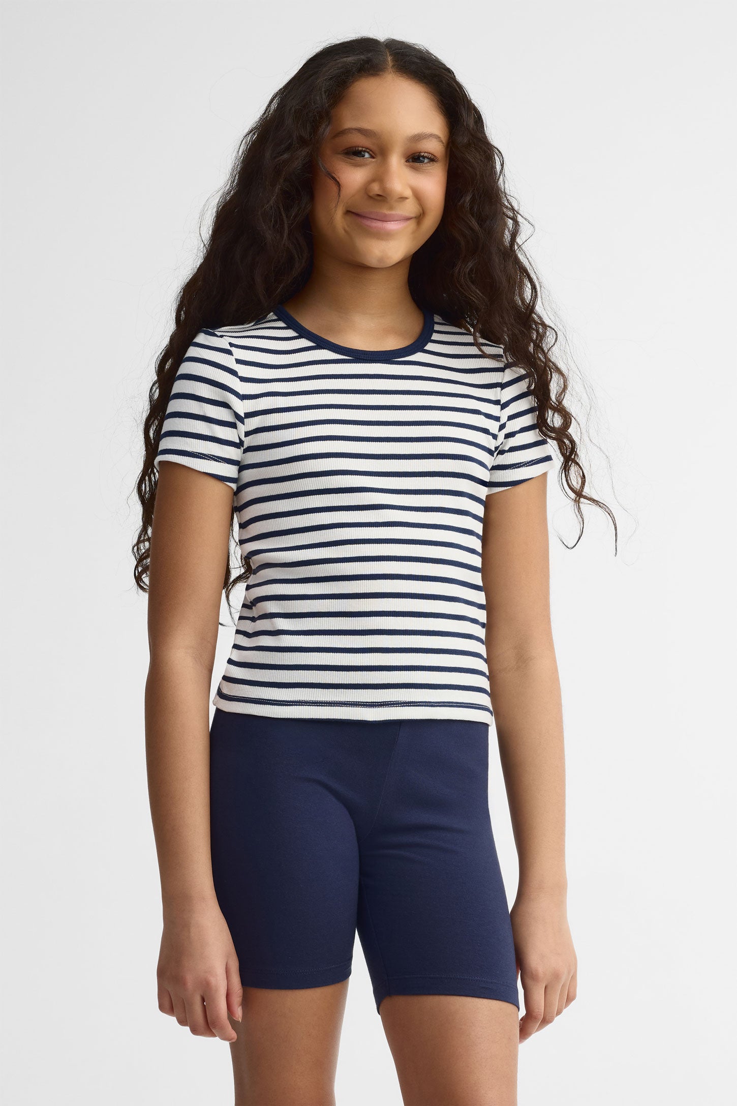 T-shirt côtelé coton - Ado fille && BLEU MARINE MUL