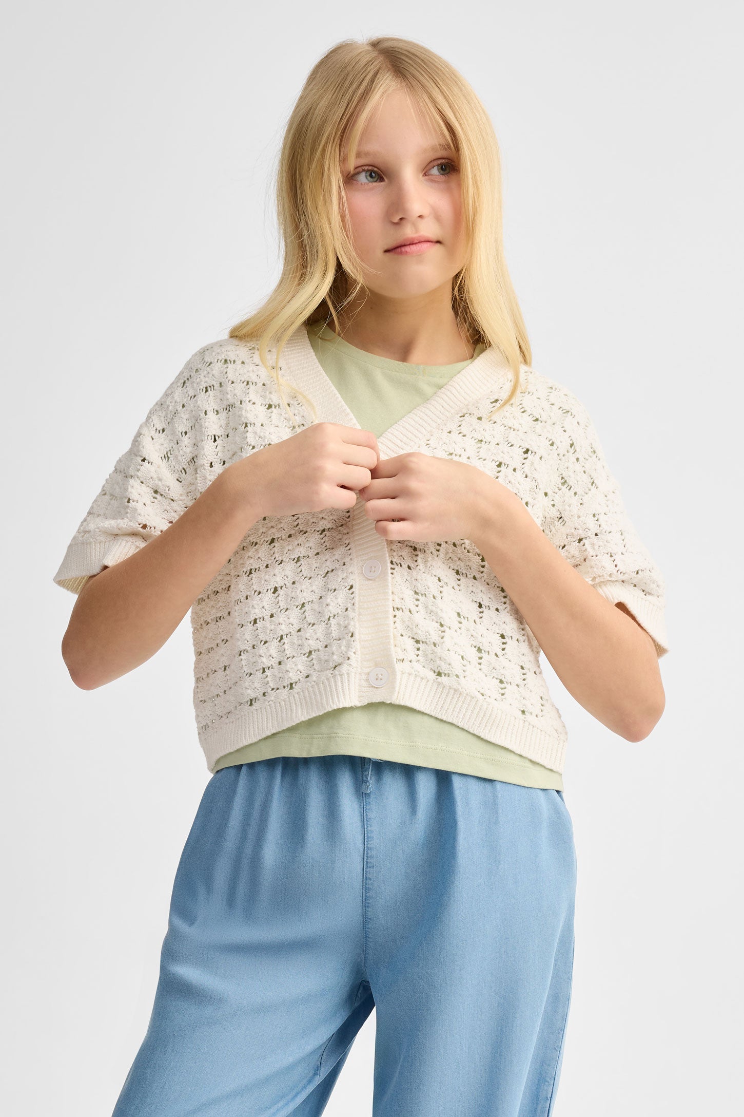 Cardigan manches courtes crochet - Ado fille && BEIGE