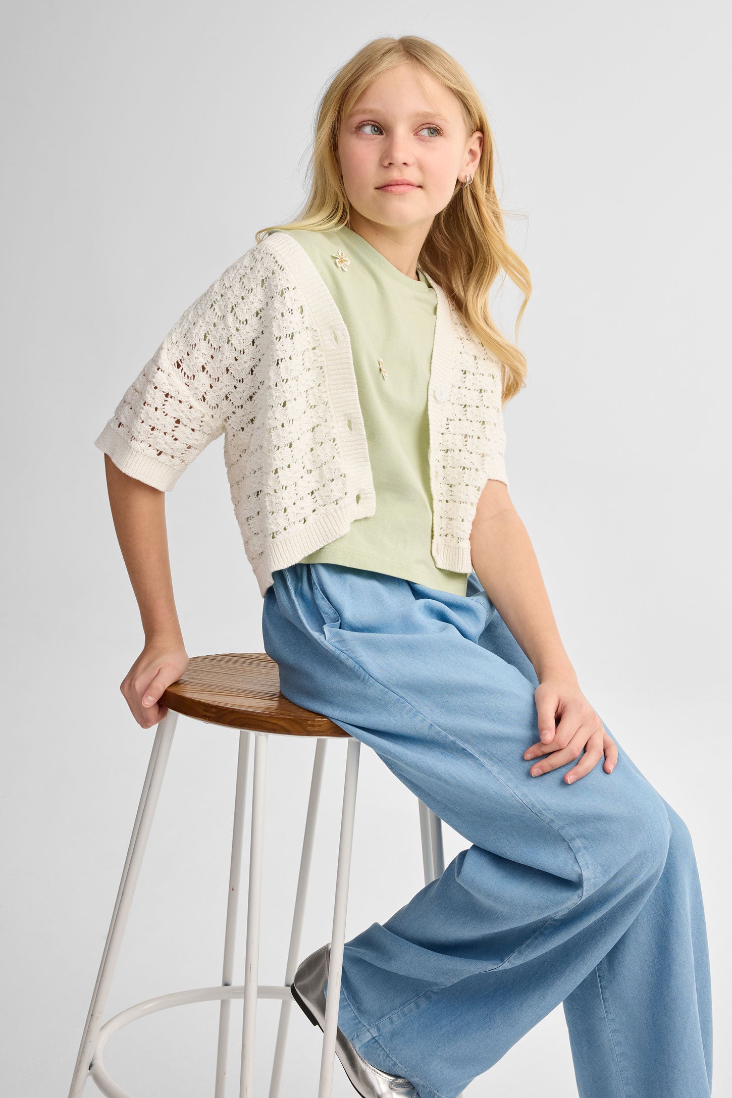 Cardigan manches courtes crochet - Ado fille && BEIGE
