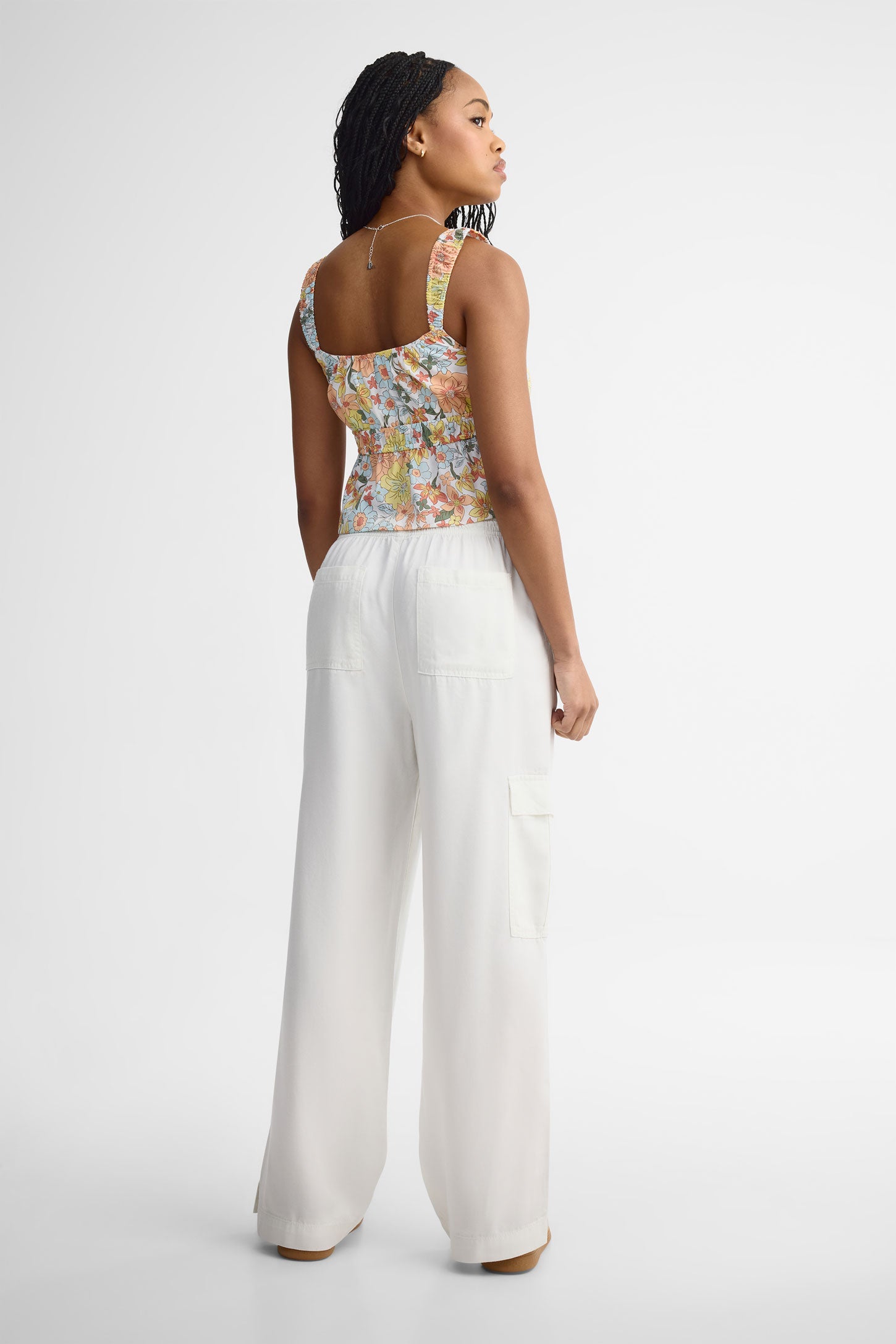 Pantalon cargo jambe large coton - Femme && BLANC