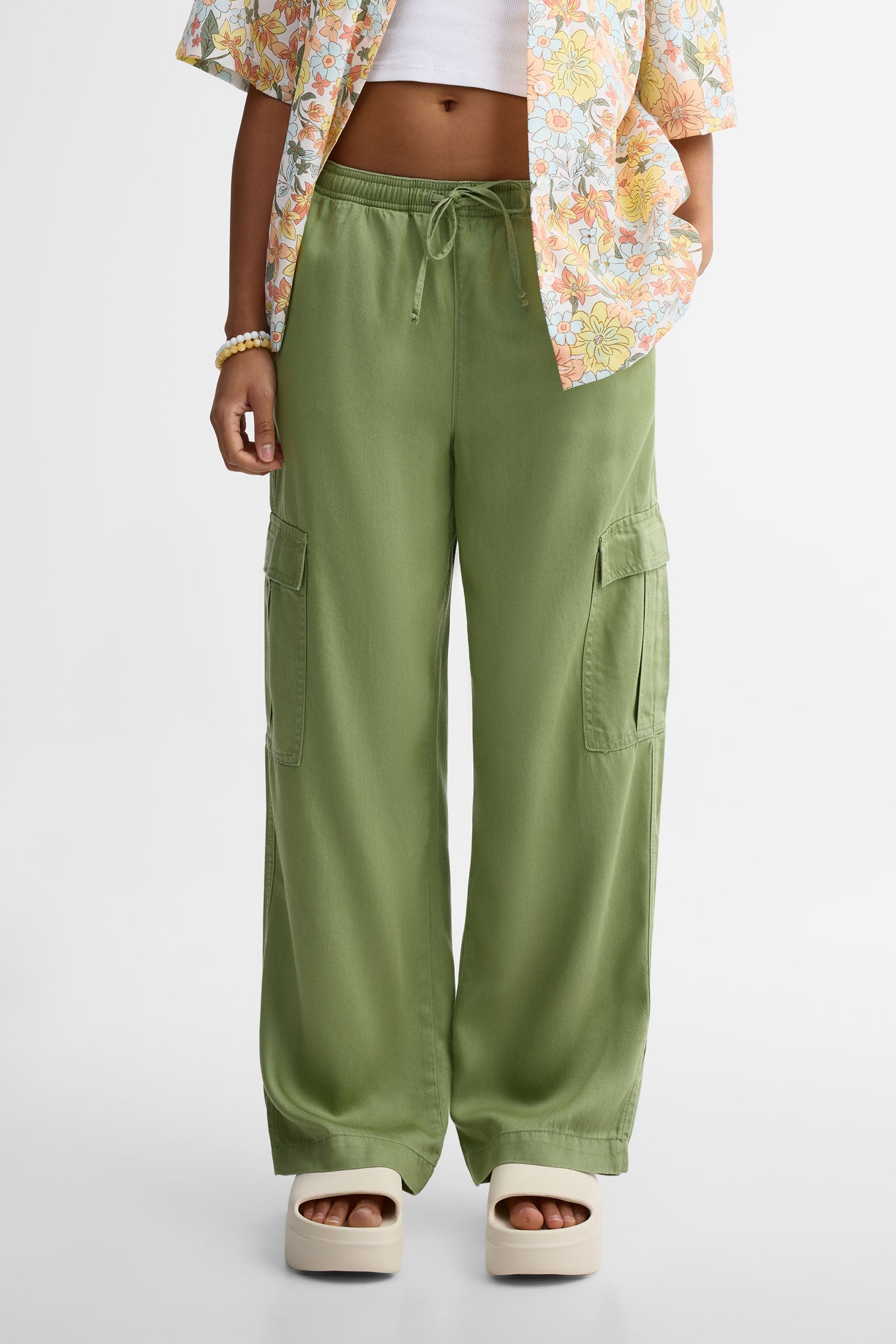 Pantalon cargo jambe large coton - Femme && VERT