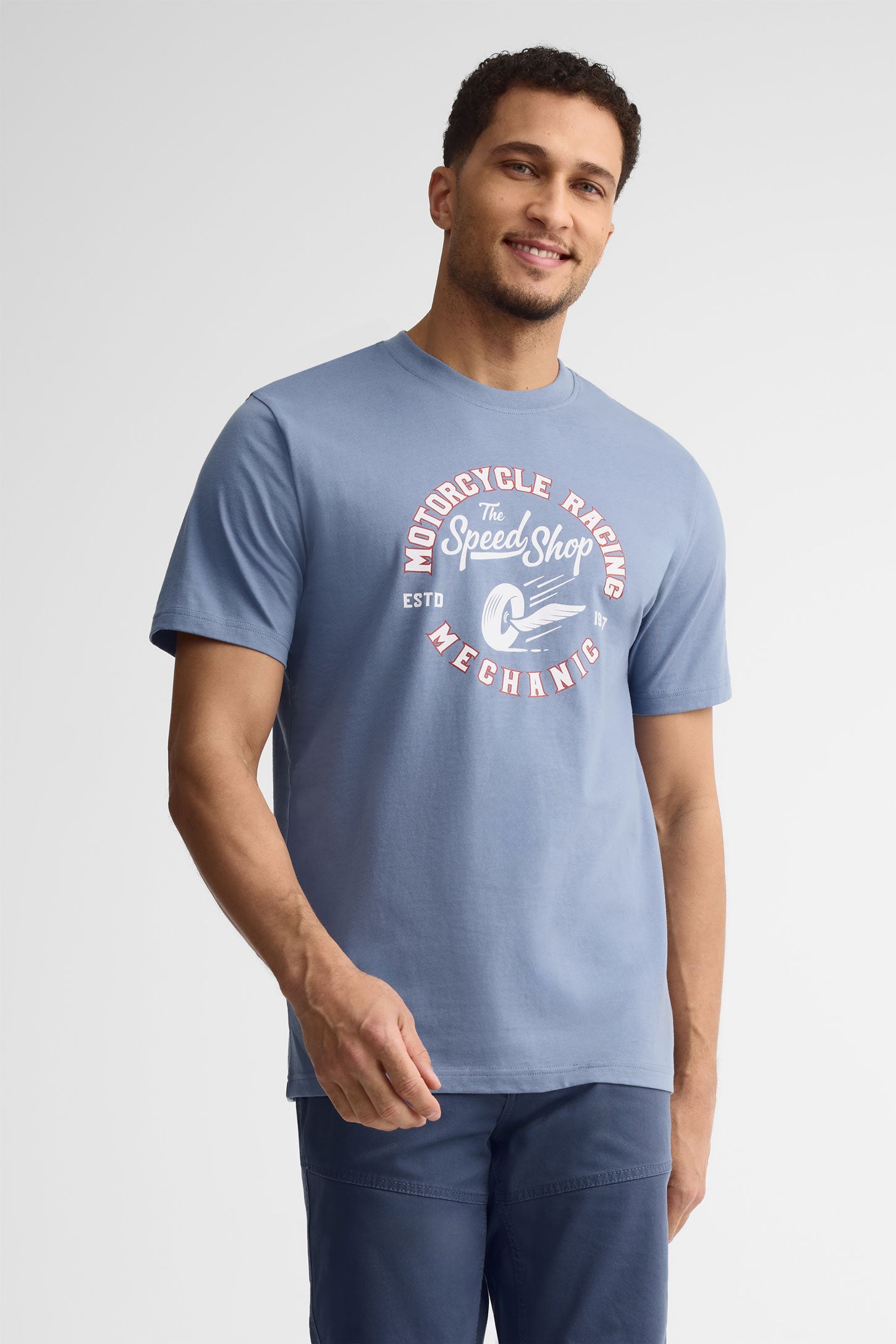 T-shirt col rond imprimé coton, 2/30$ - Homme && BLEU