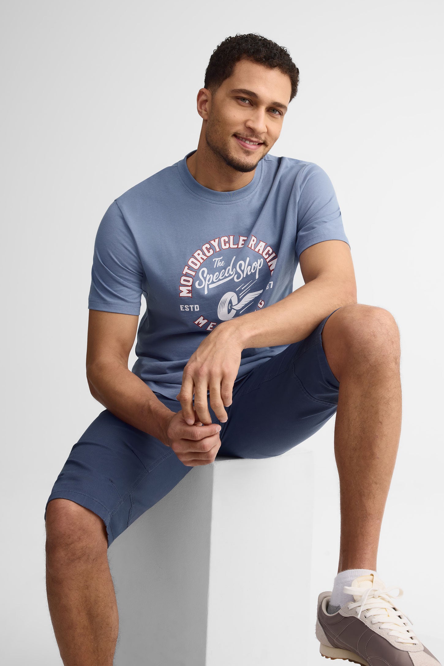 T-shirt col rond imprimé coton, 2/30$ - Homme && BLEU