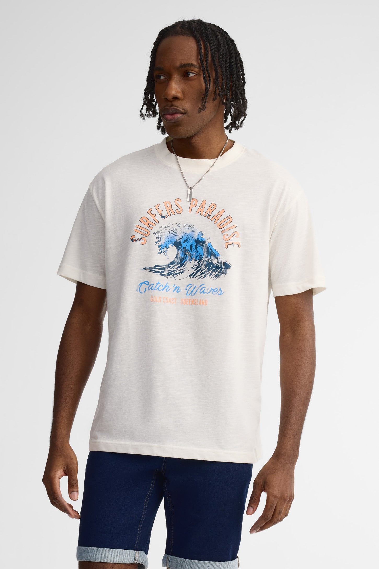 T-shirt col rond imprimé coton - Homme && BLANC CASSÉ/MULTI