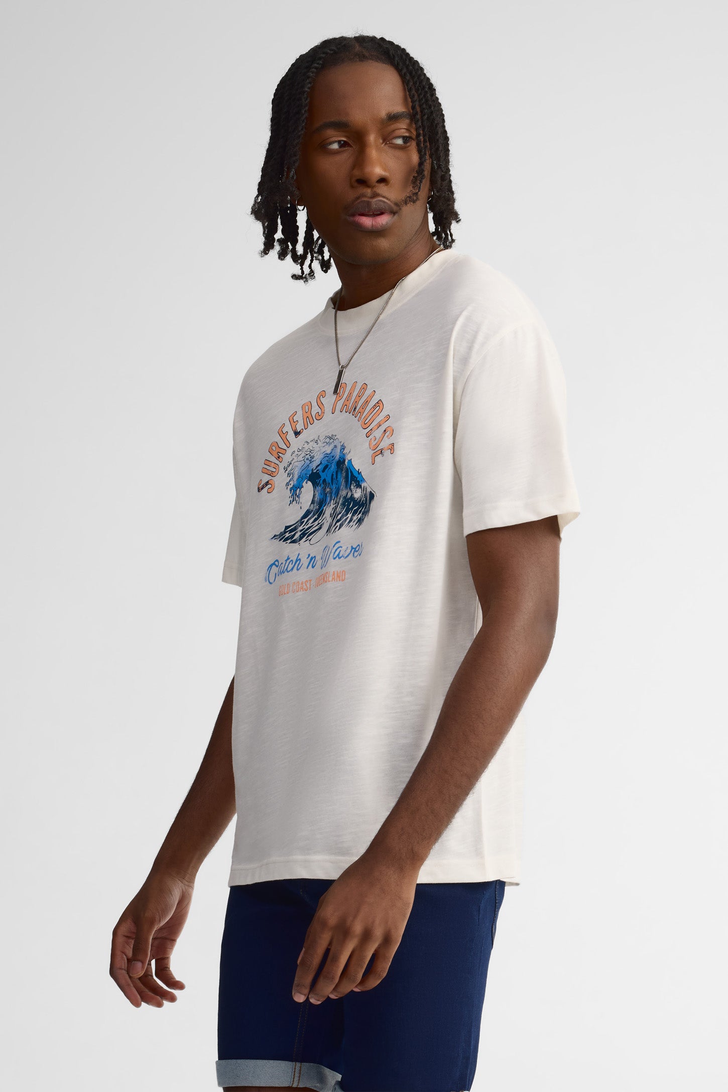 T-shirt col rond imprimé coton - Homme && BLANC CASSÉ/MULTI