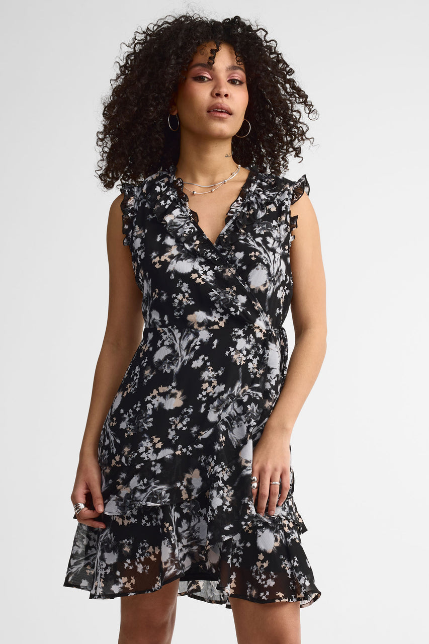 Robe cache-cœur à volants - Femme && NOIR/MULTI
