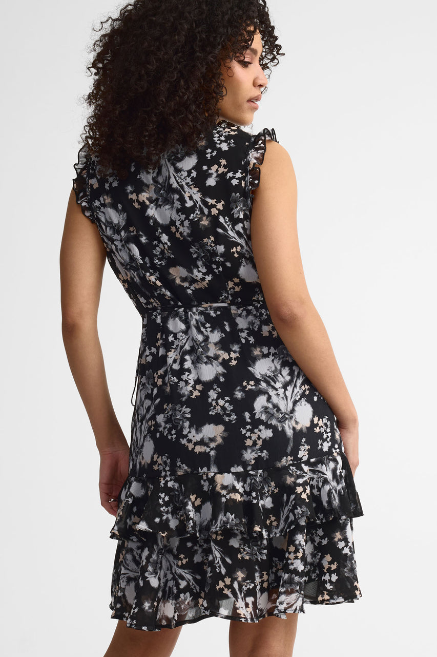 Robe cache-cœur à volants - Femme && NOIR/MULTI