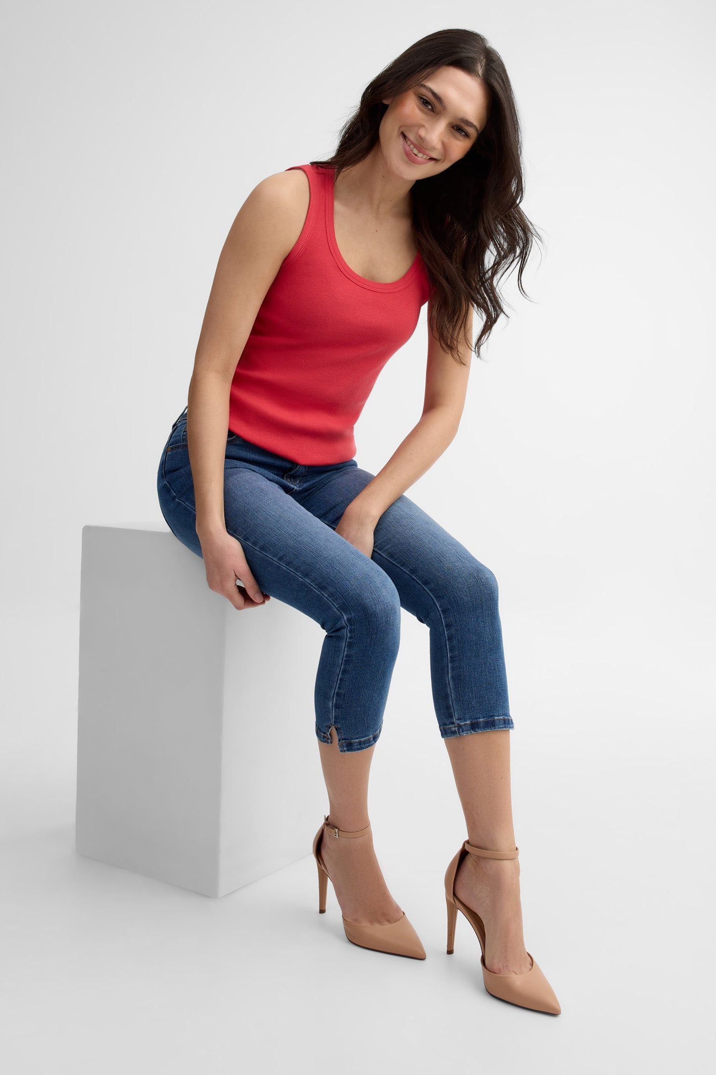 Camisole côtelée col dégagé - Femme && ROUGE