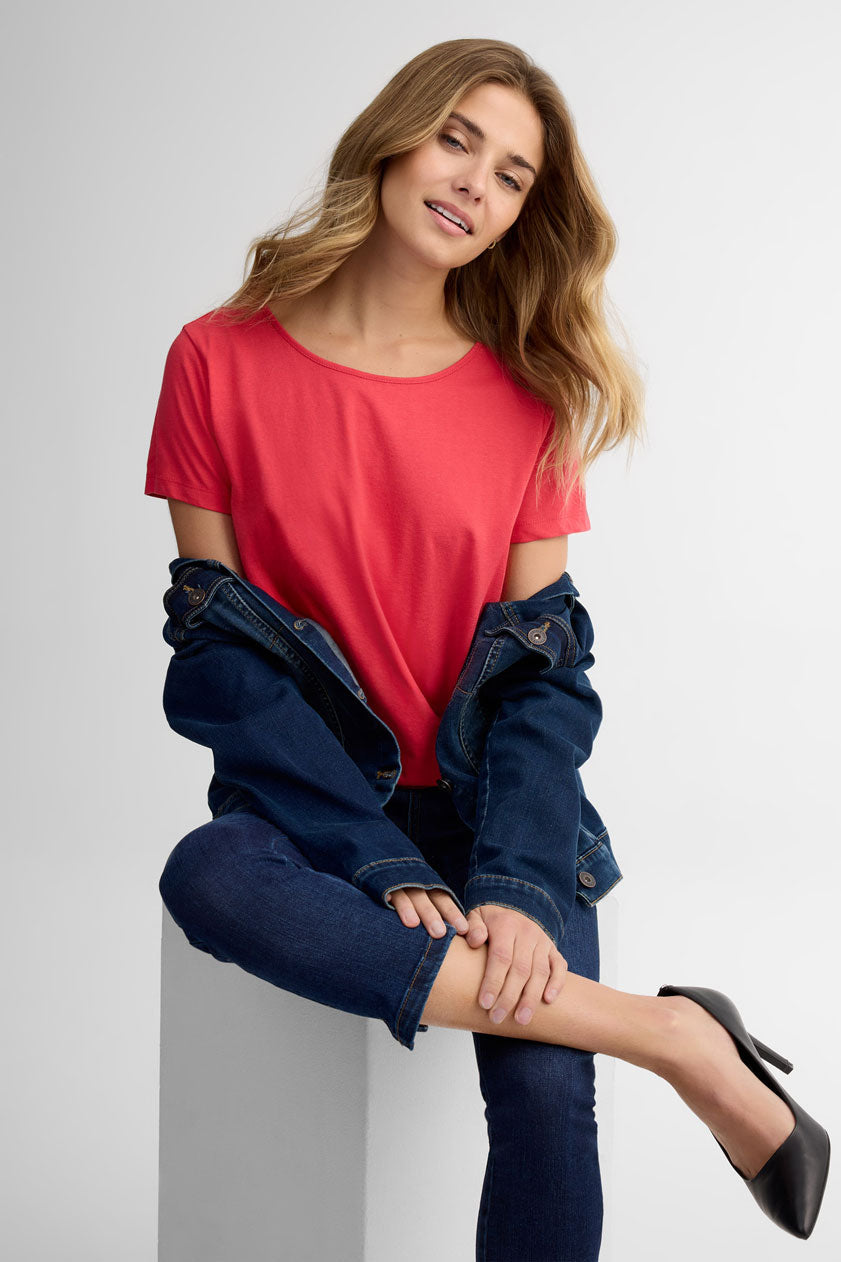 T-shirt col rond coupe ample coton - Femme && ROUGE