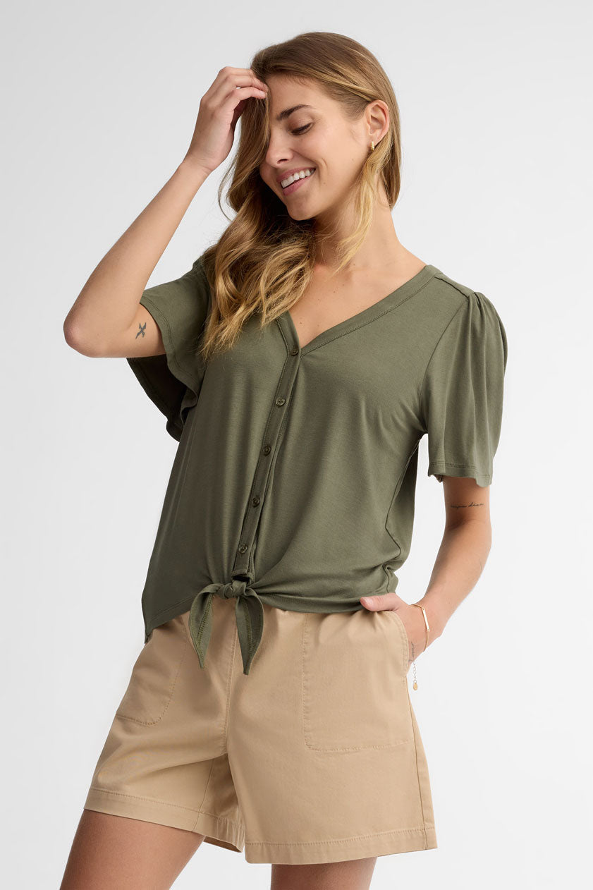 Chemisier col en V manches courtes - Femme && KAKI