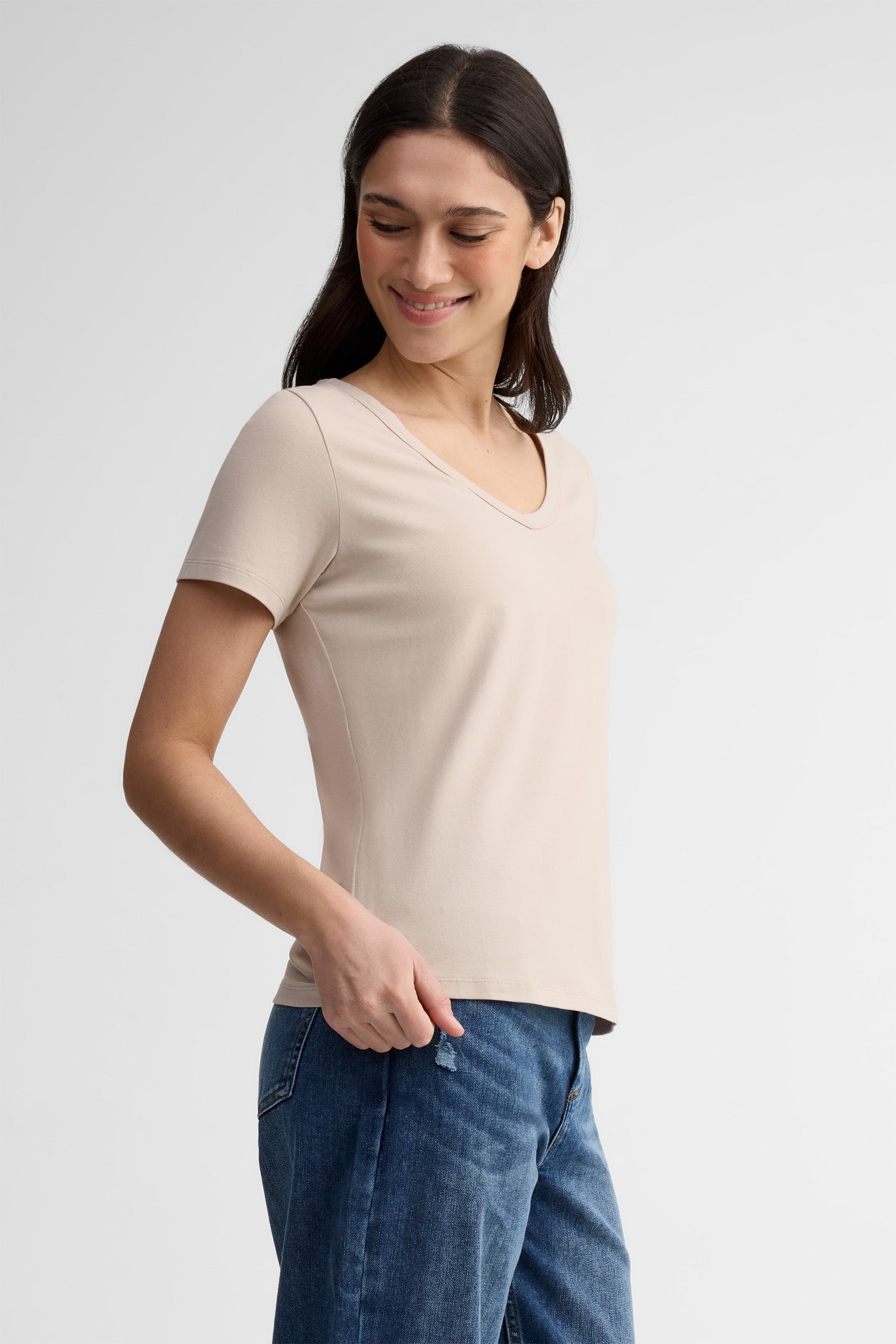 T-shirt col en V coton - Femme && BEIGE