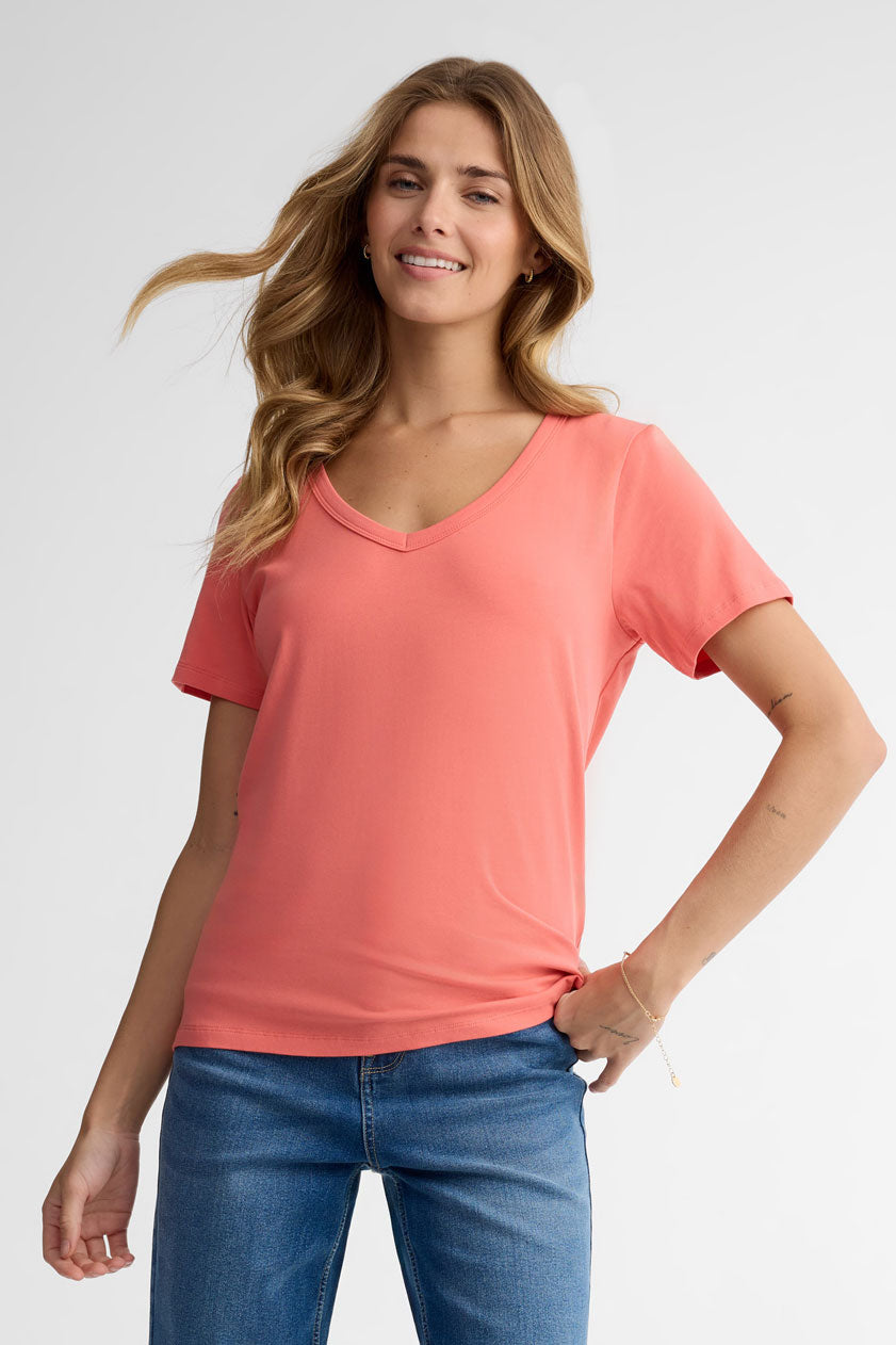 T-shirt col en V coton - Femme && CORAIL