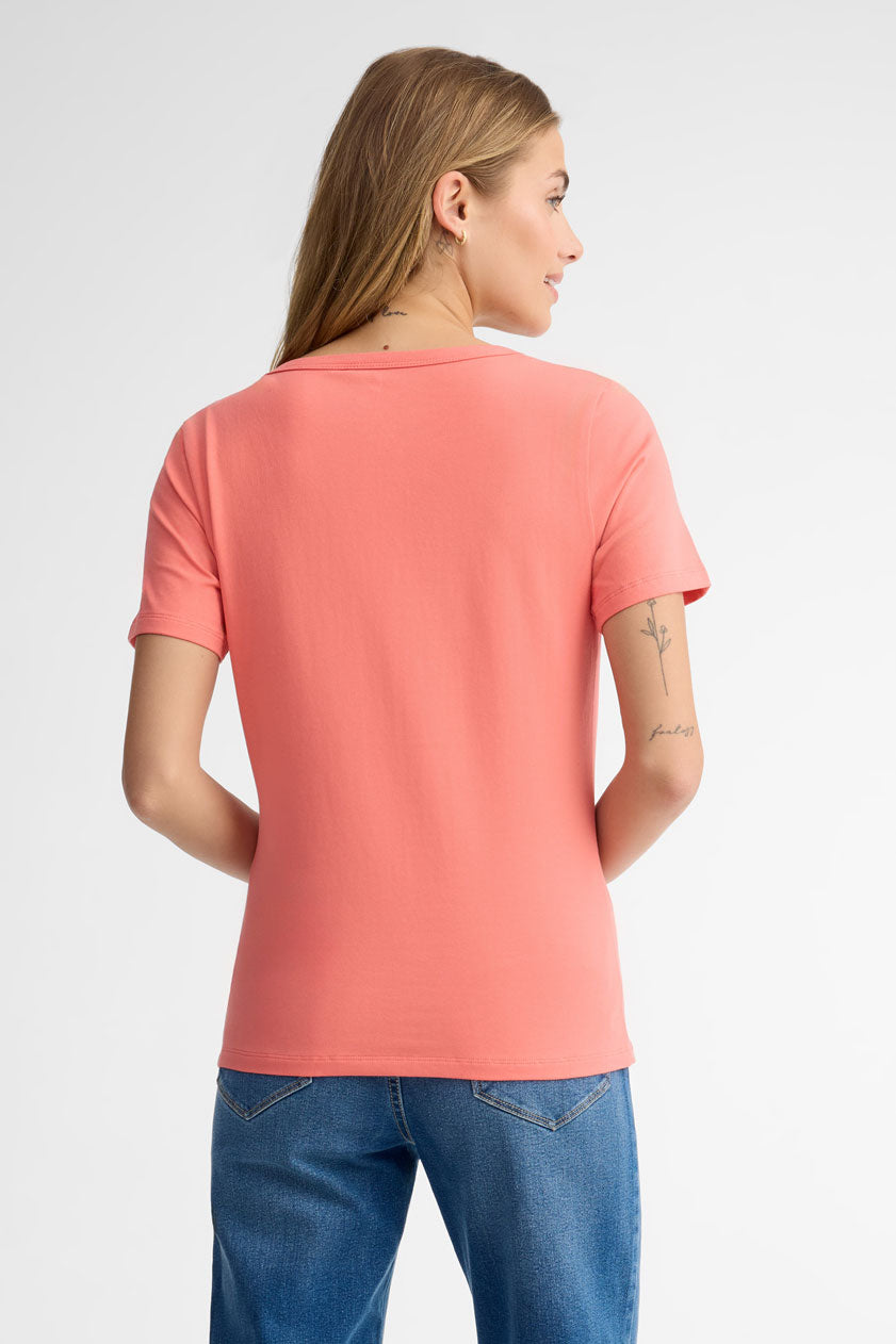 T-shirt col en V coton - Femme && CORAIL