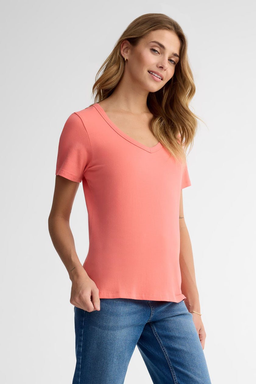 T-shirt col en V coton - Femme && CORAIL