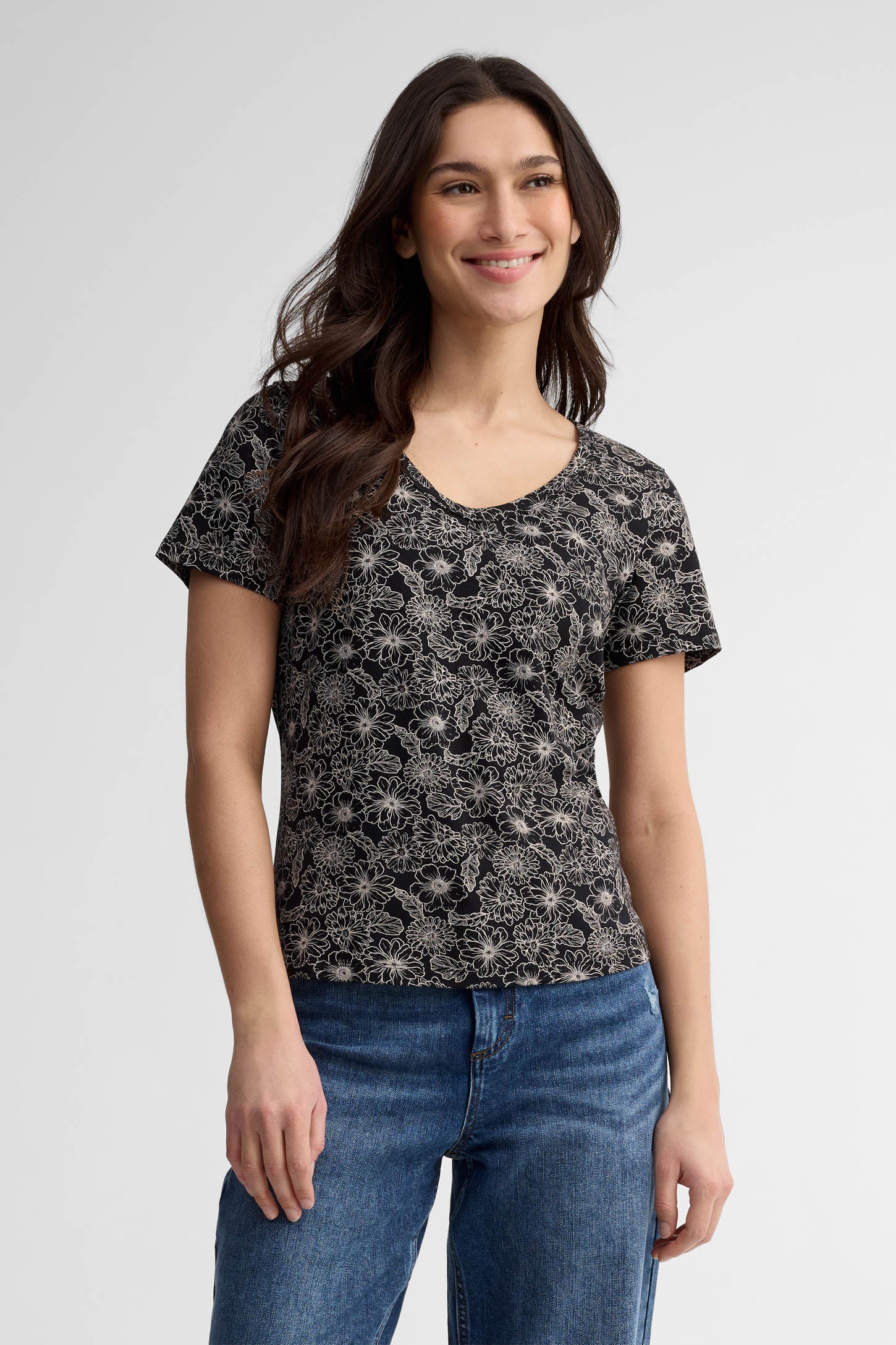 T-shirt col en V coton - Femme && NOIR/MULTI