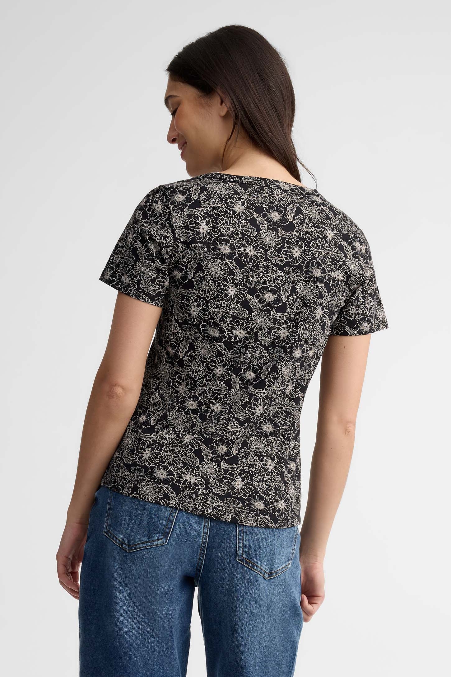 T-shirt col en V coton - Femme && NOIR/MULTI