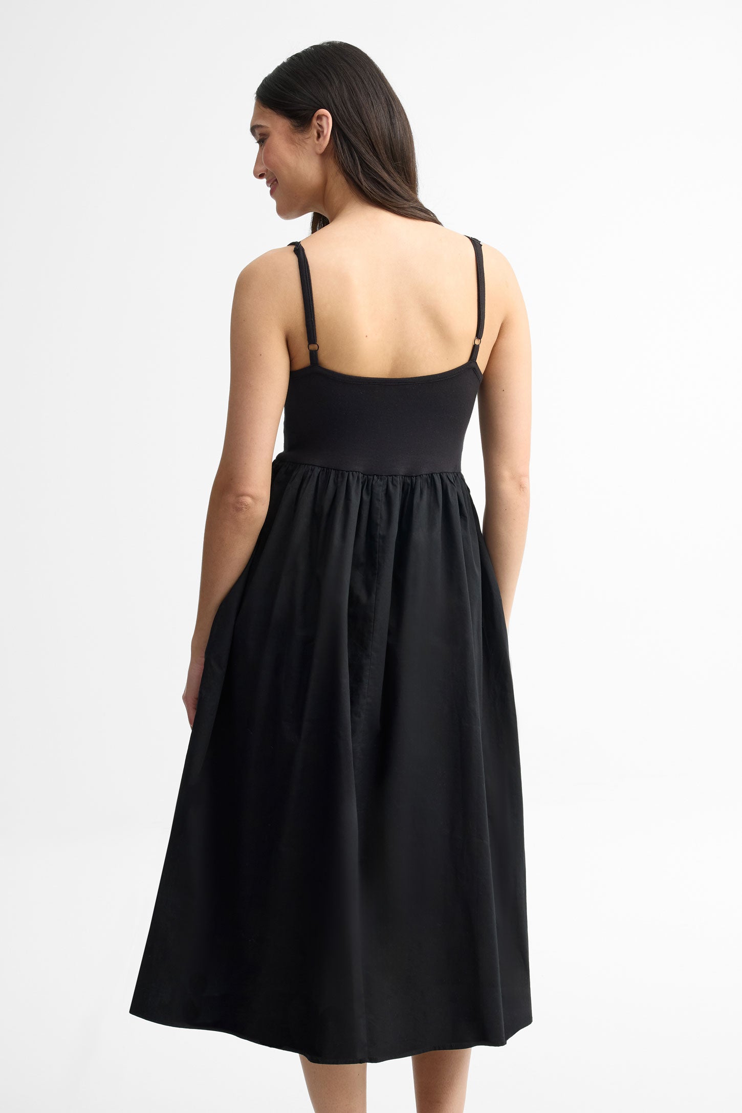 Robe midi à bretelles en popeline - Femme && NOIR