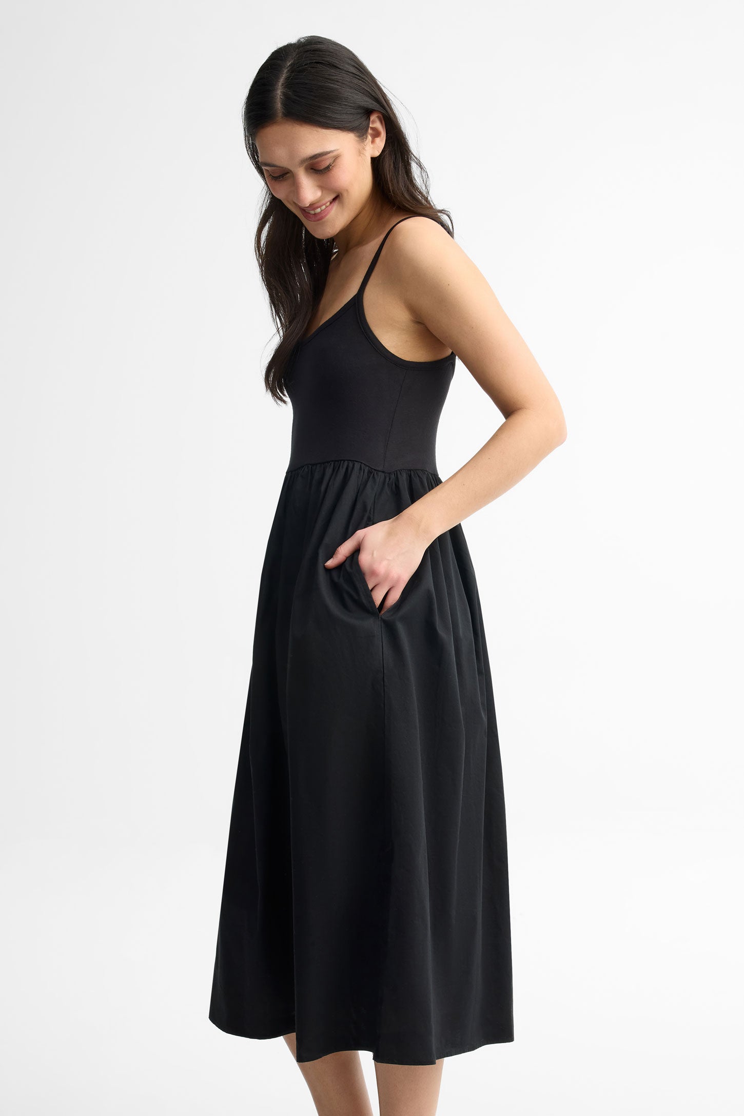 Robe midi à bretelles en popeline - Femme && NOIR