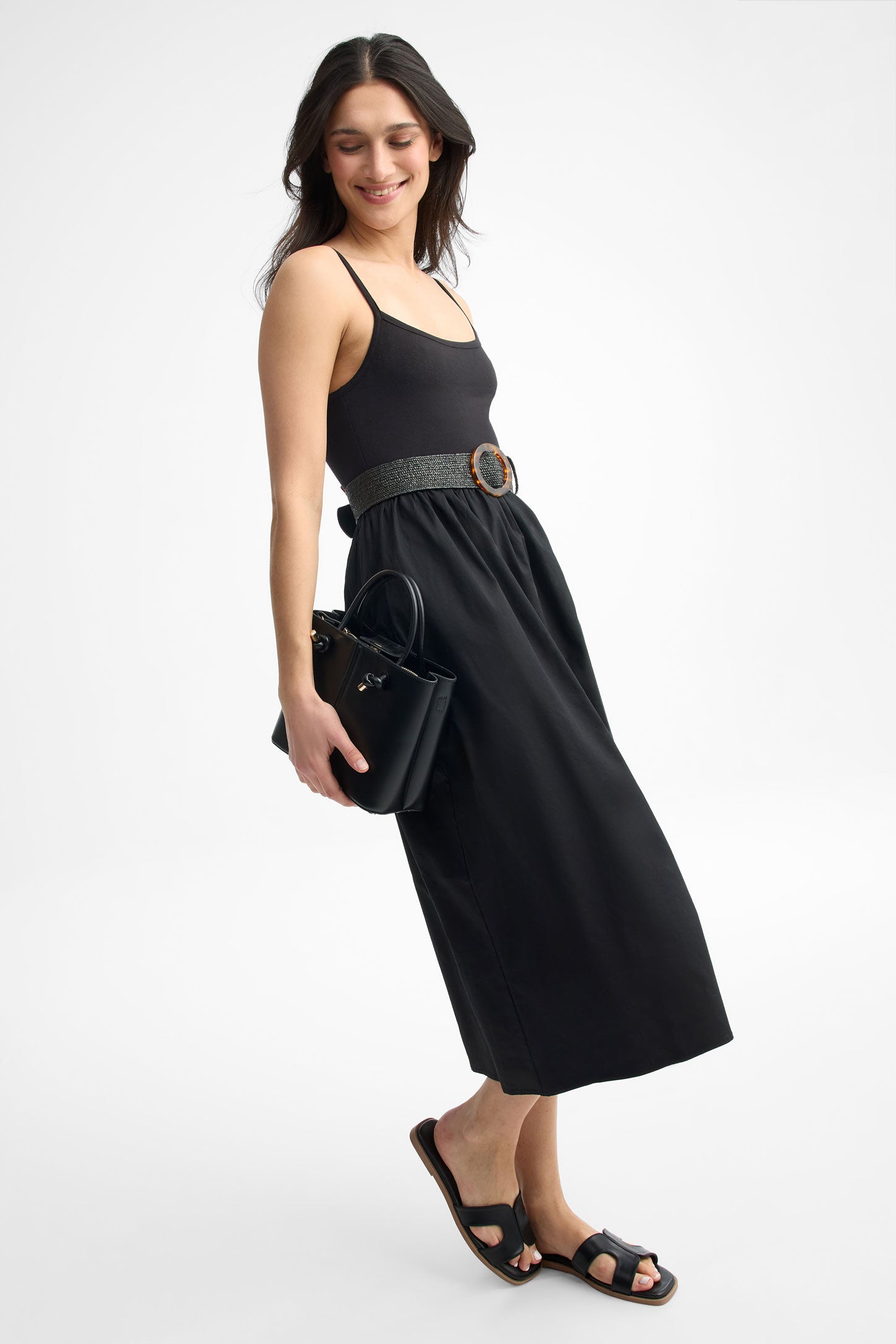 Robe midi à bretelles en popeline - Femme && NOIR