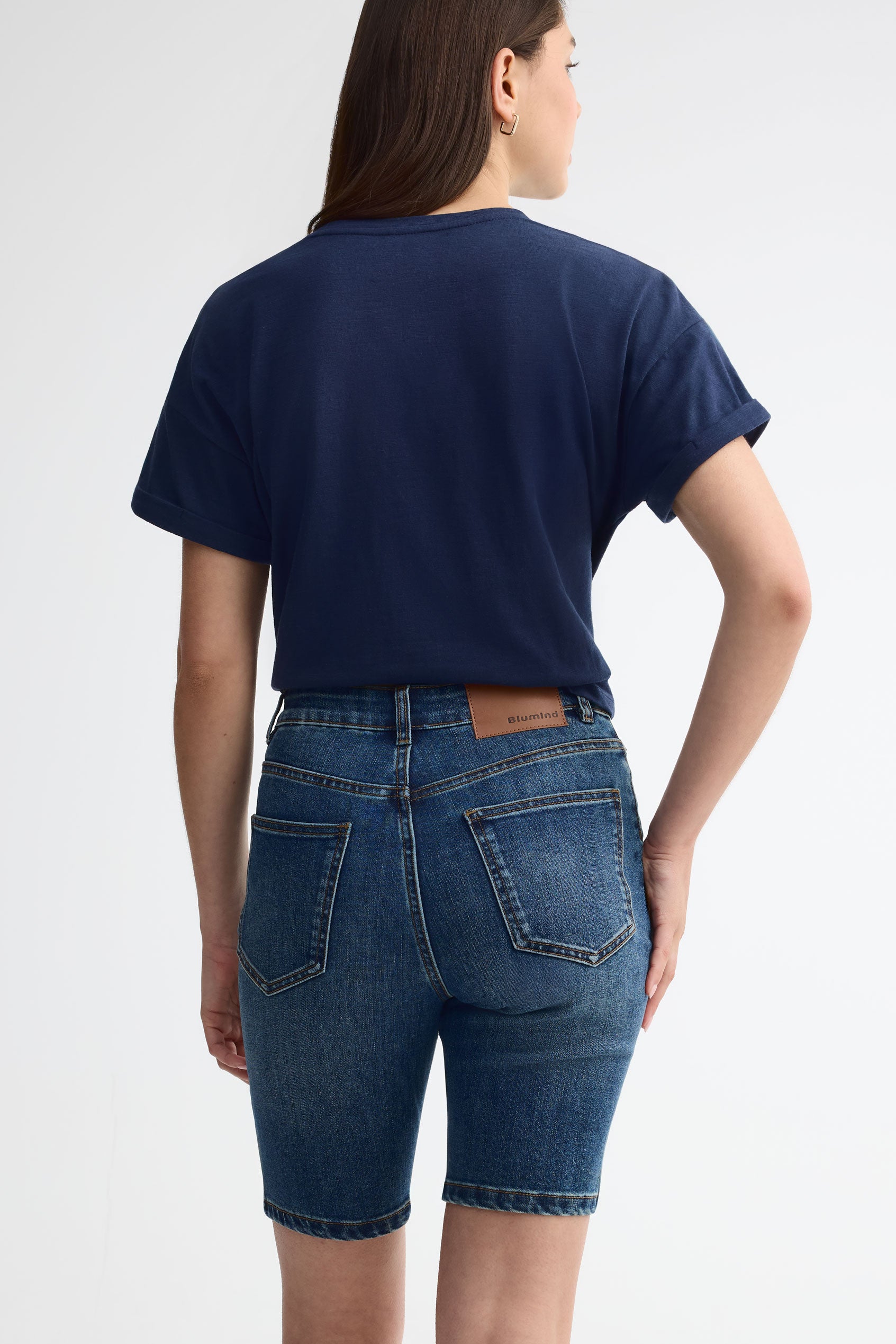 Bermuda taille haute jambe droite en jeans - Femme && DENIM FONCE