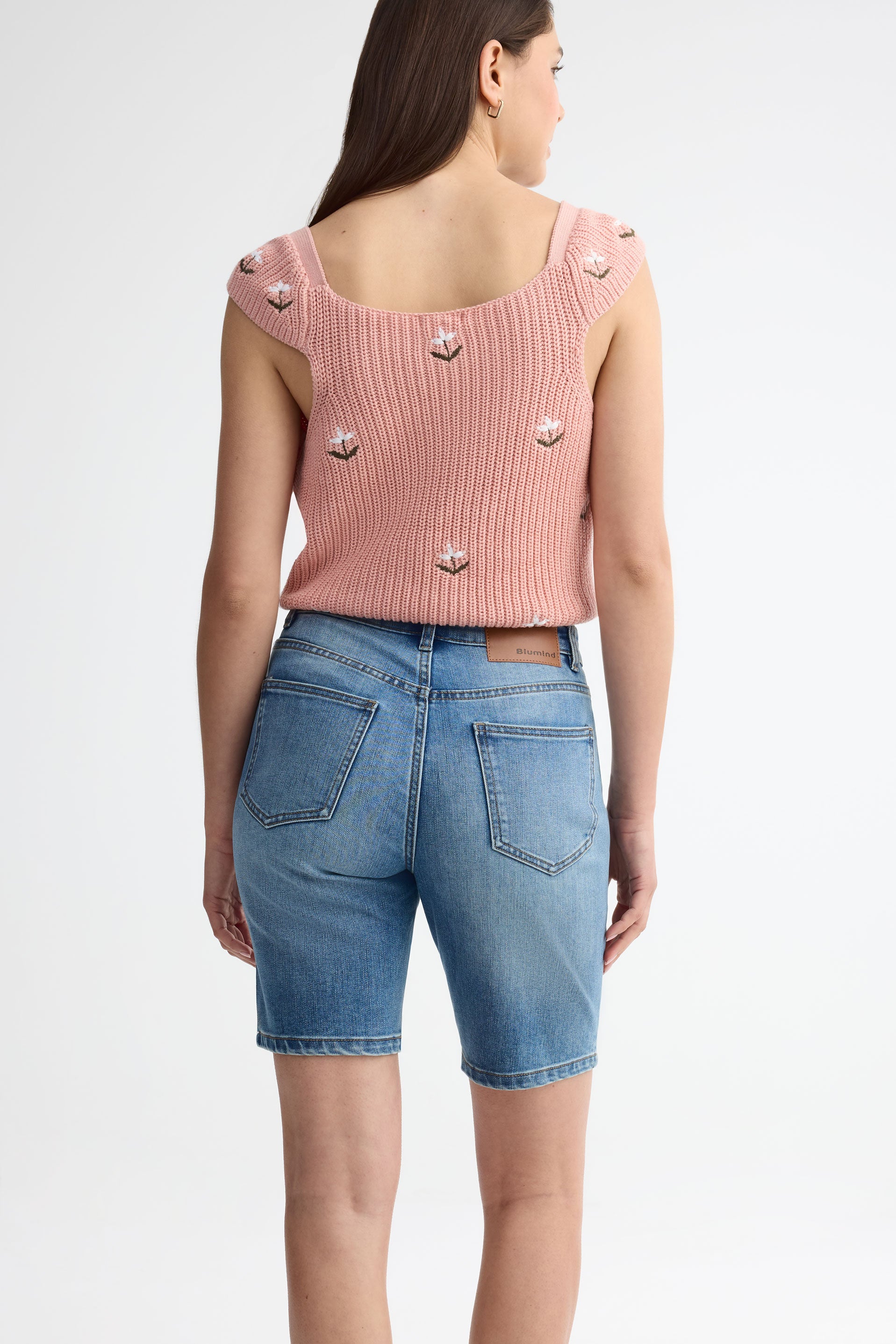 Bermuda taille haute jambe droite en jeans - Femme && DENIM MOYEN