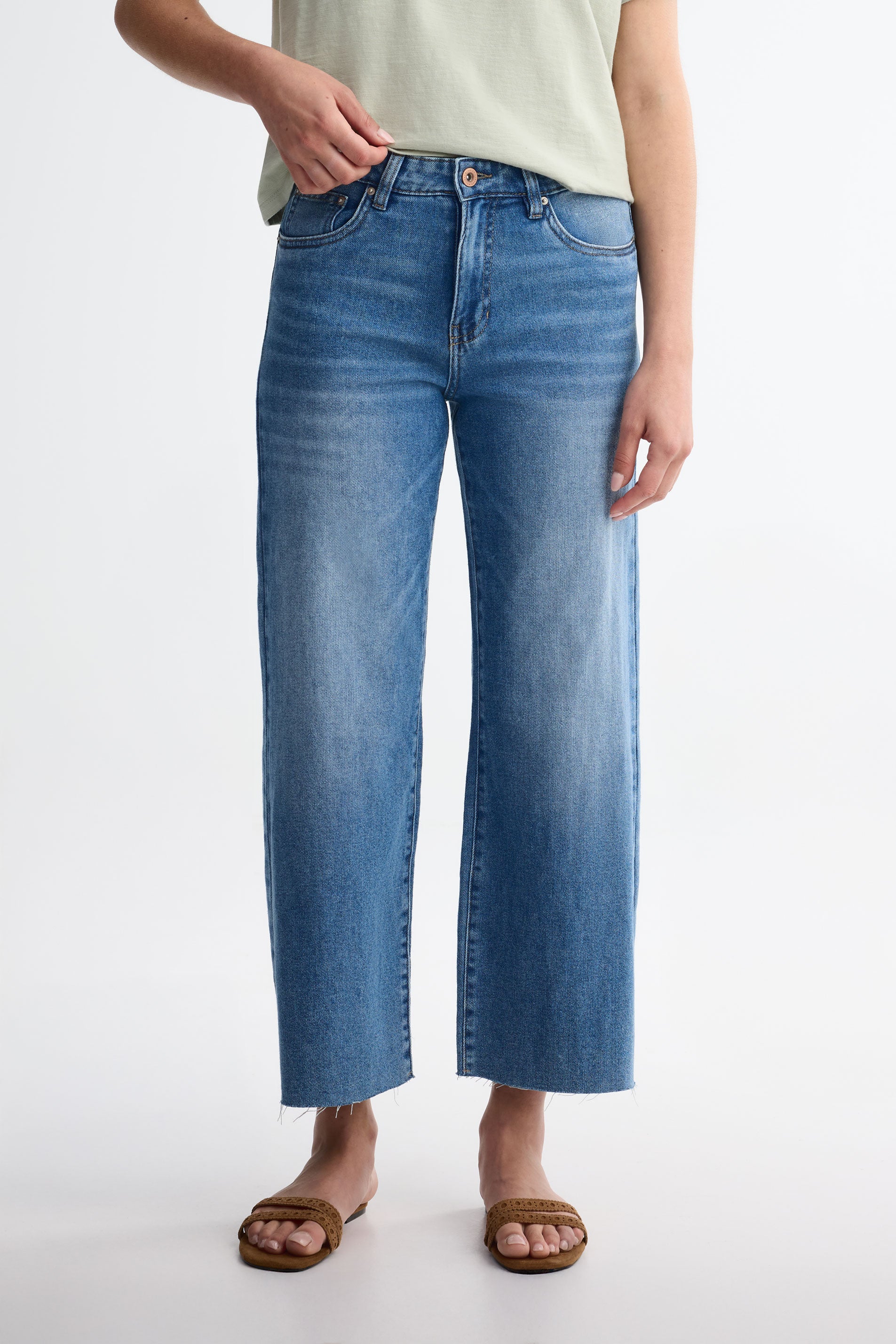 Jeans taille haute jambe droite - Femme && DENIM MOYEN