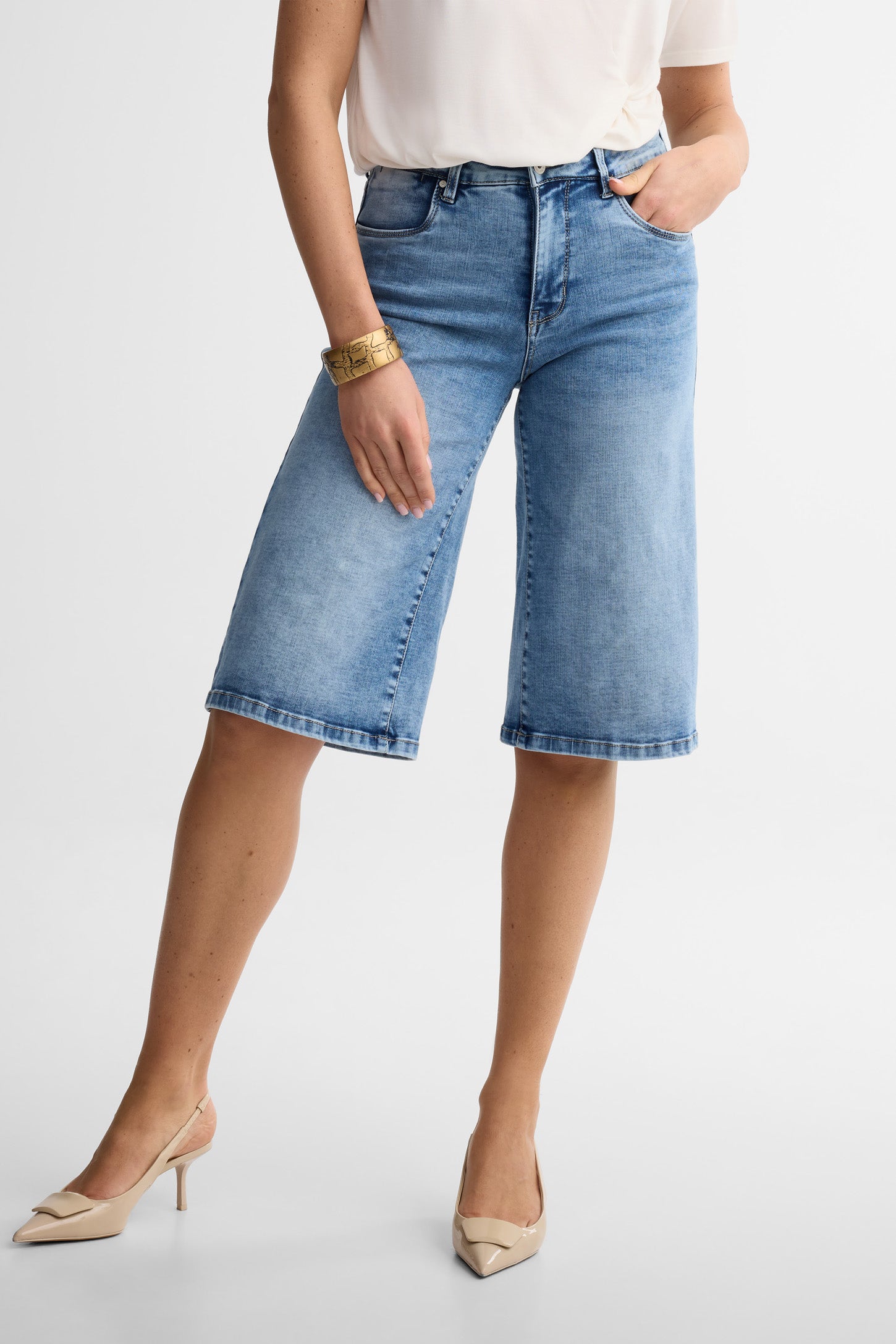 Bermuda jambe large en jeans - Femme && DENIM PALE