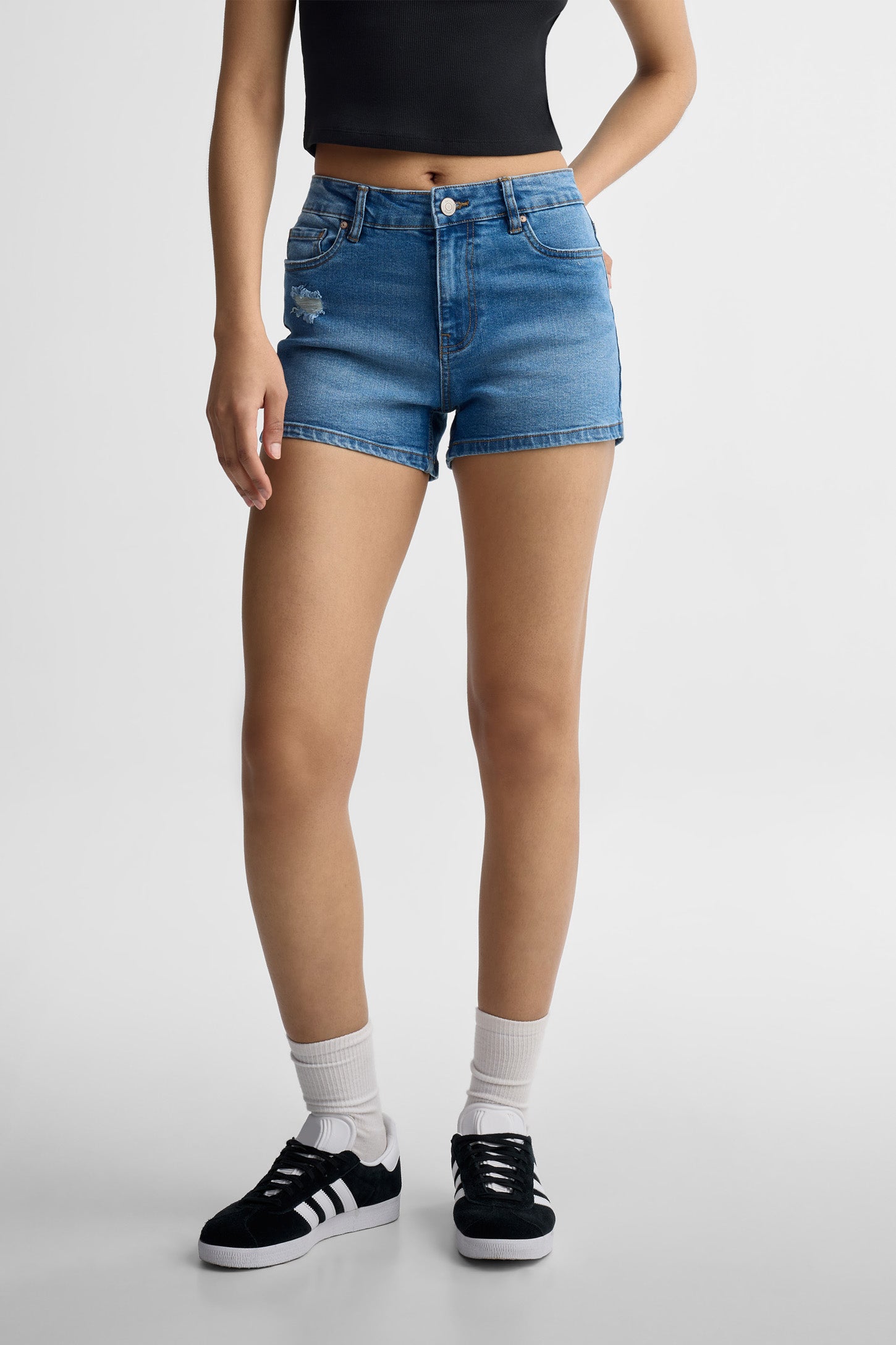 Short ''mom'' taille haute en jeans - Femme && DENIM MOYEN
