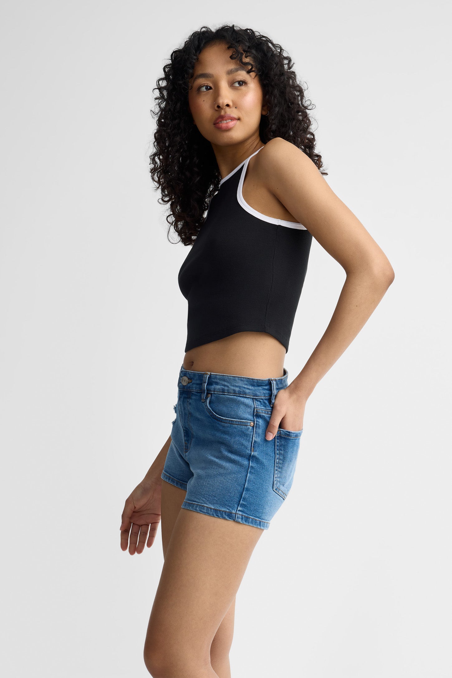 Short ''mom'' taille haute en jeans - Femme && DENIM MOYEN