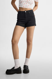 Short ''mom'' taille haute en jeans - Femme && DENIM NOIR
