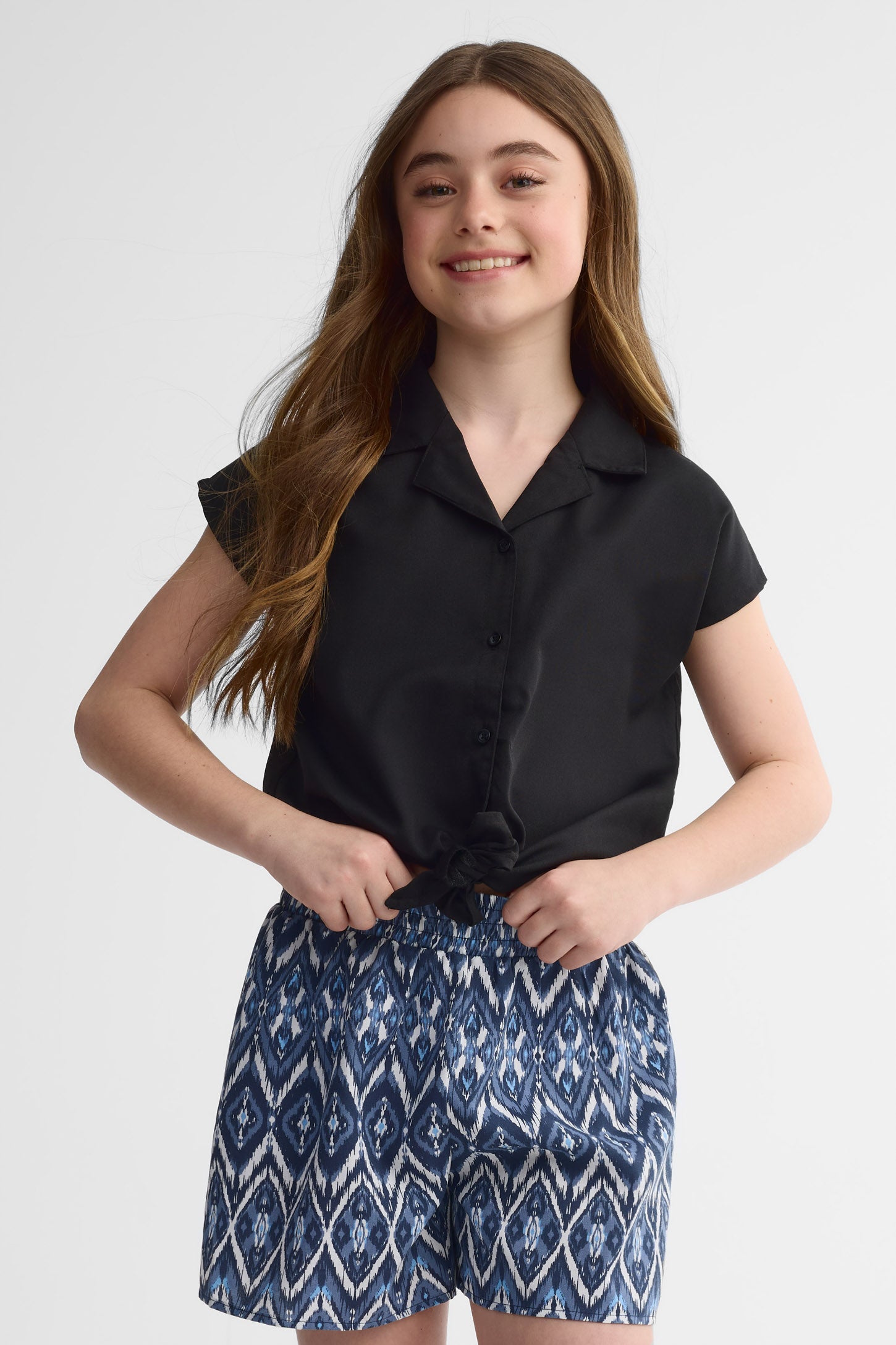 Chemisier manches courtes noué challis - Femme && NOIR