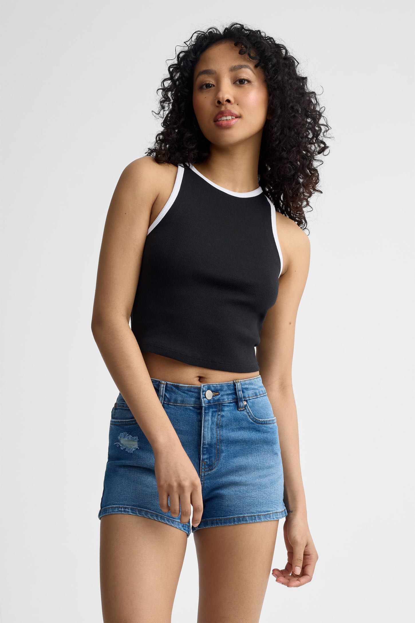 Camisole halter côtelée - Femme && NOIR