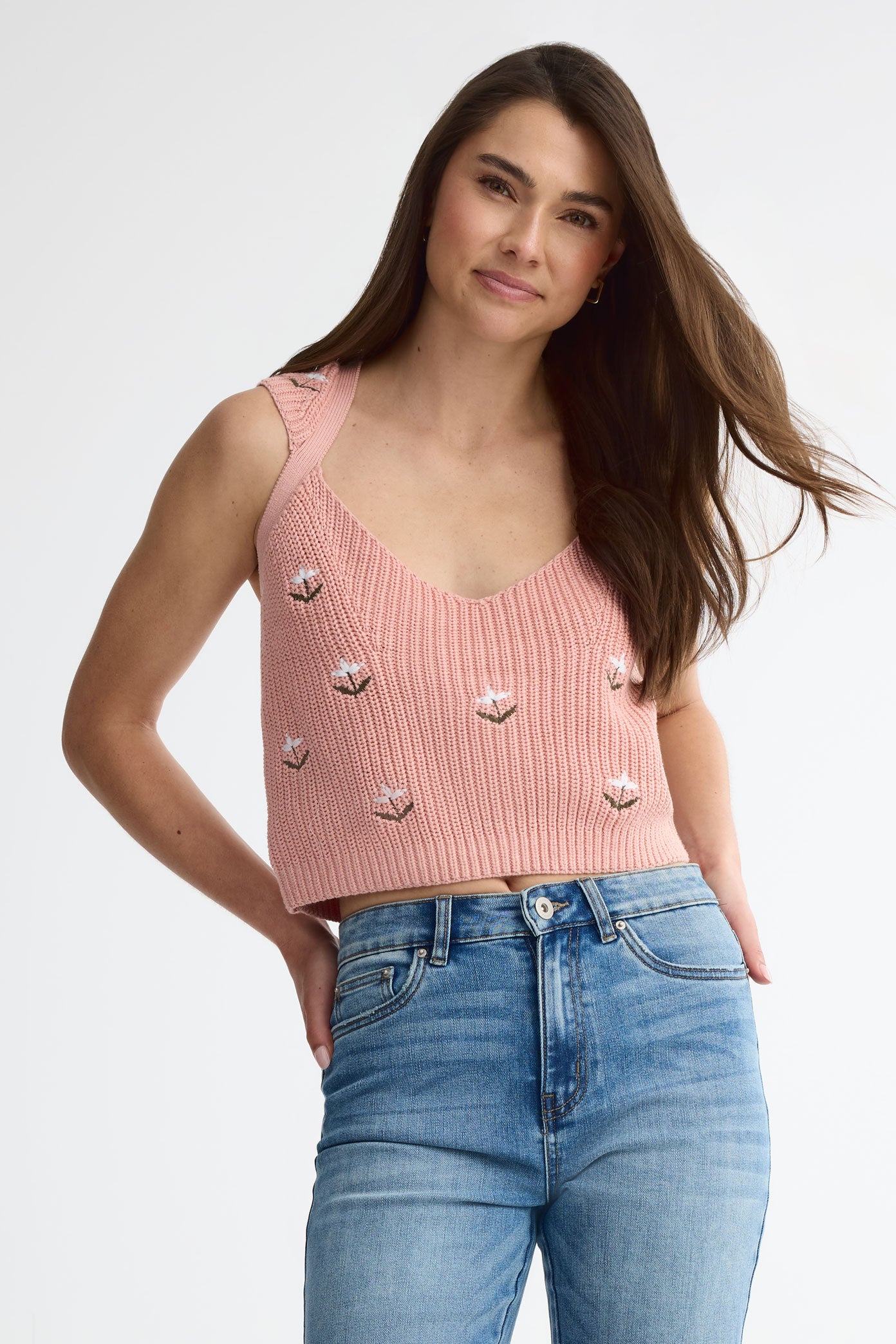 Camisole en tricot brodée - Femme && CORAIL/MULTI