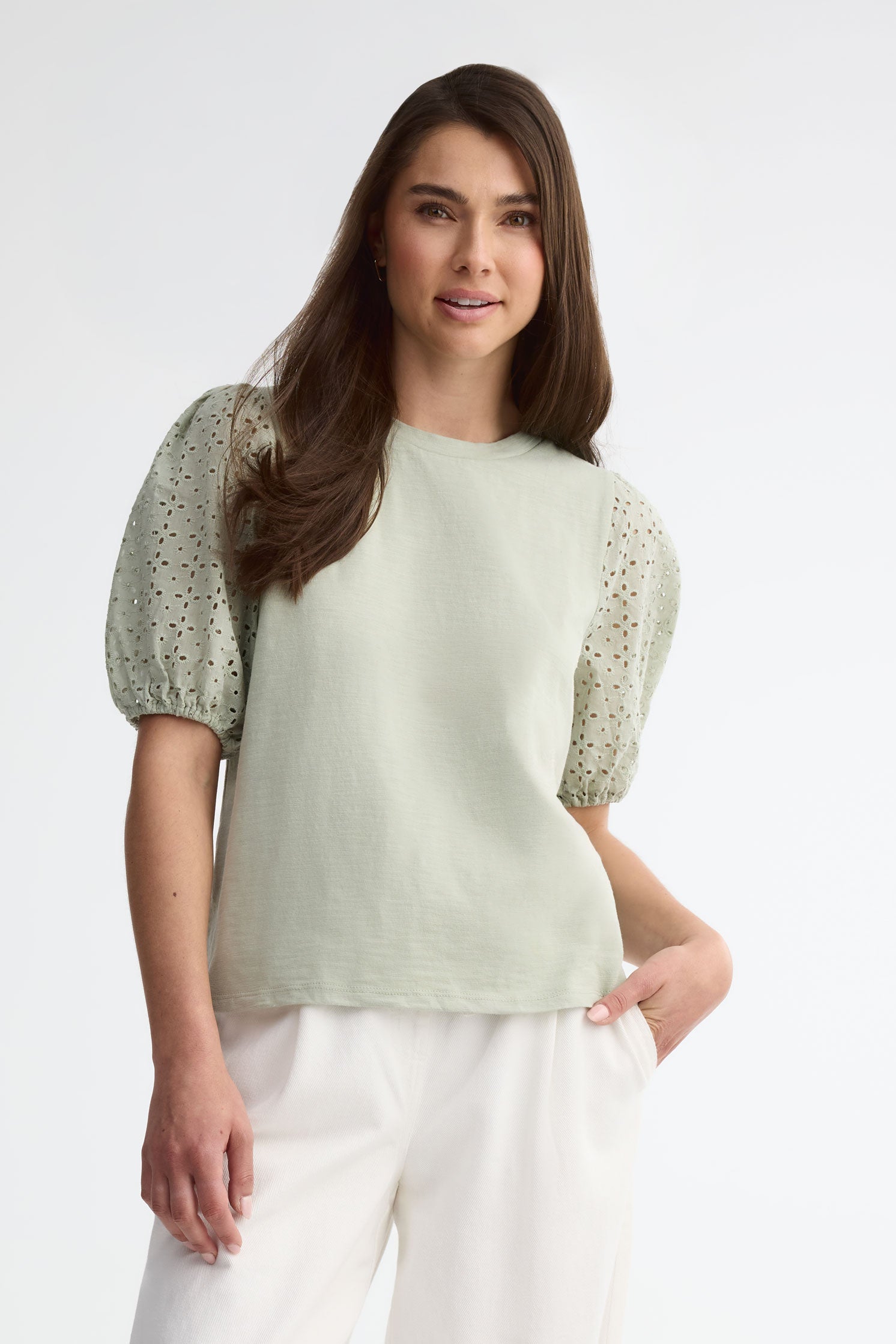 T-shirt manches courtes bouffantes coton - Femme && VERT