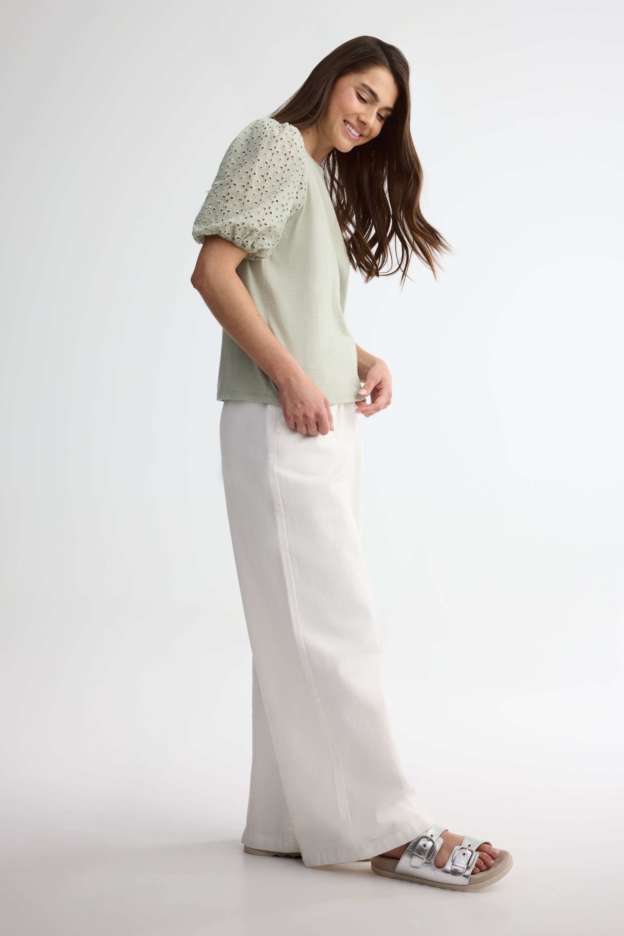 T-shirt manches courtes bouffantes coton - Femme && VERT