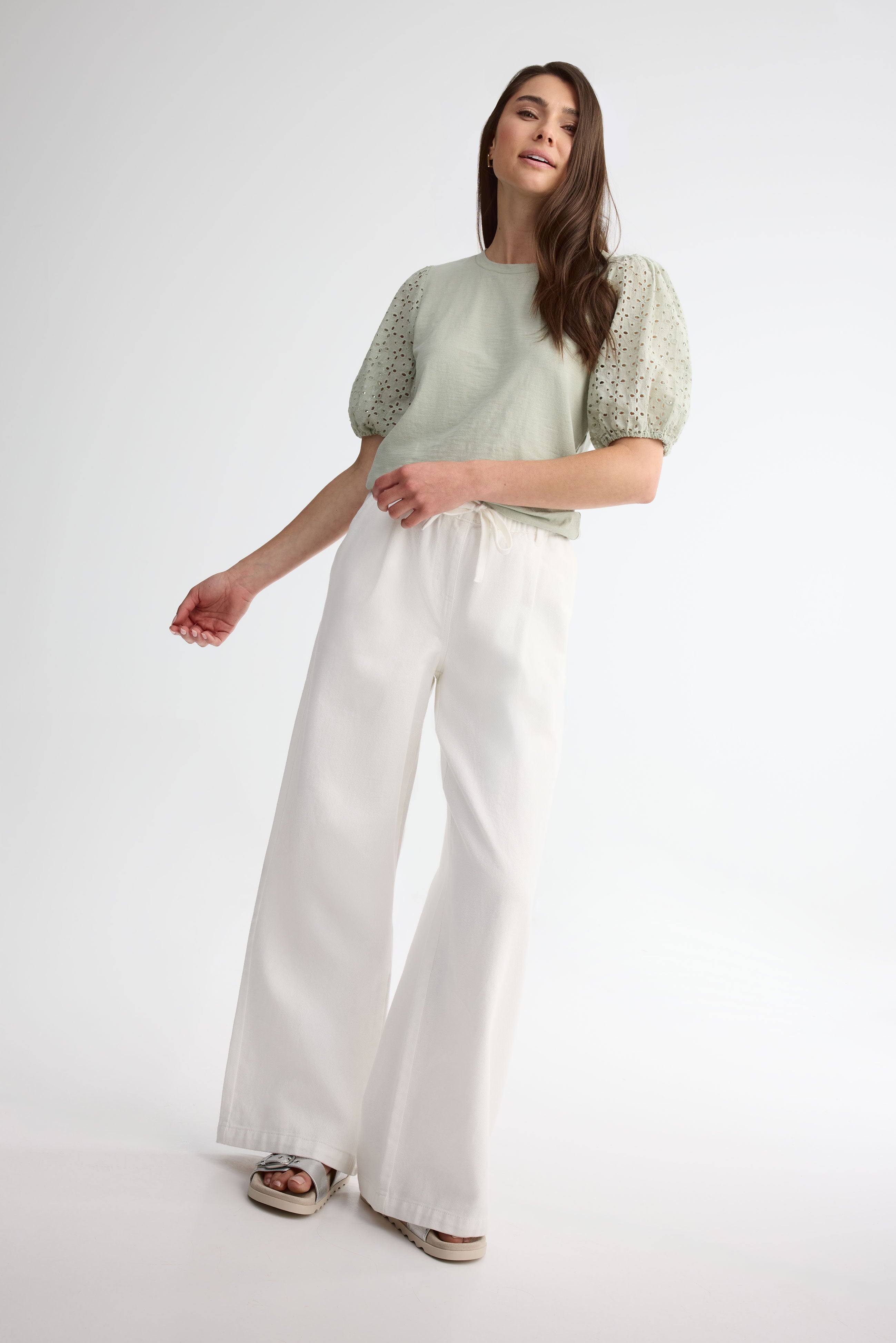 T-shirt manches courtes bouffantes coton - Femme && VERT