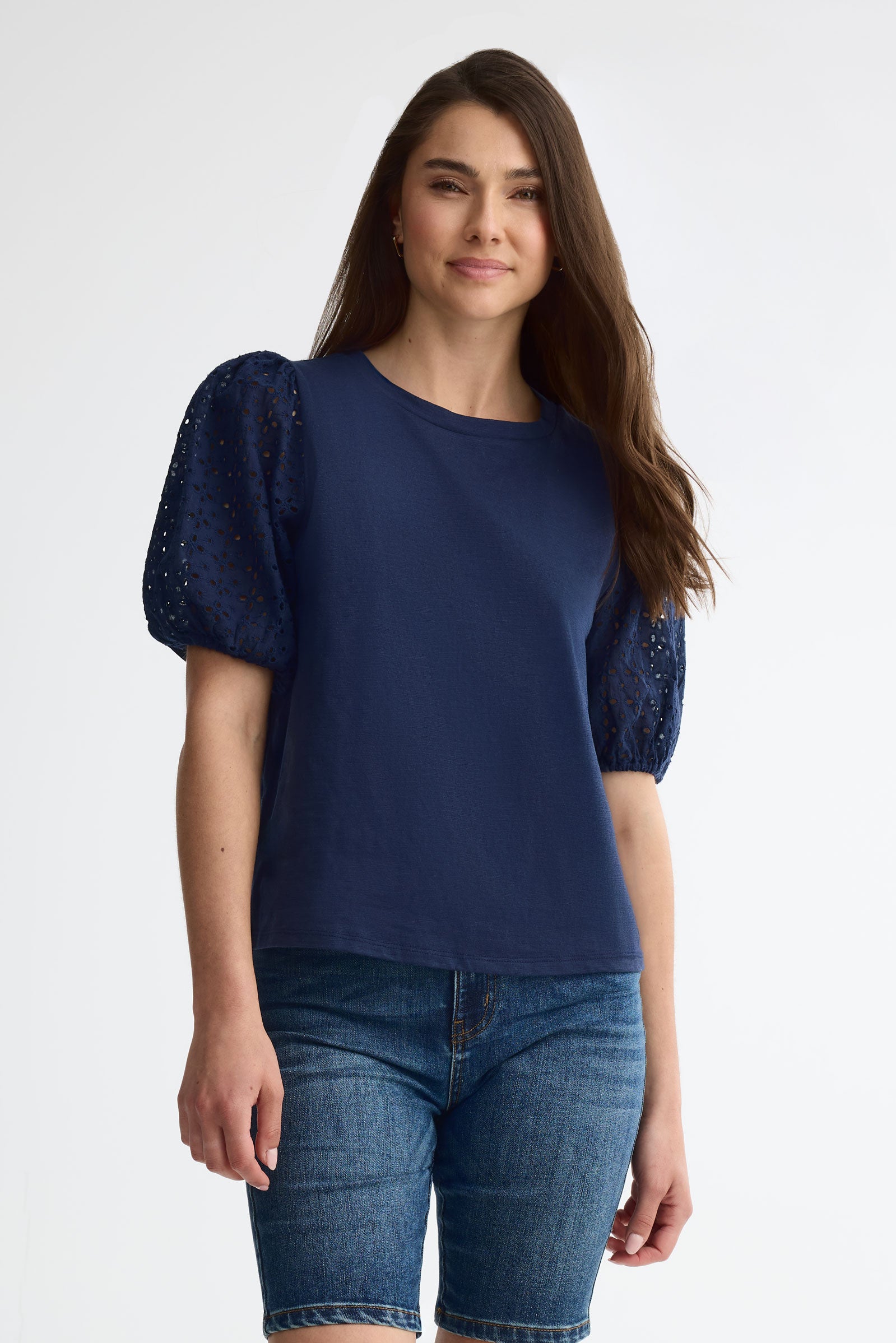 T-shirt manches courtes bouffantes coton - Femme && MARIN