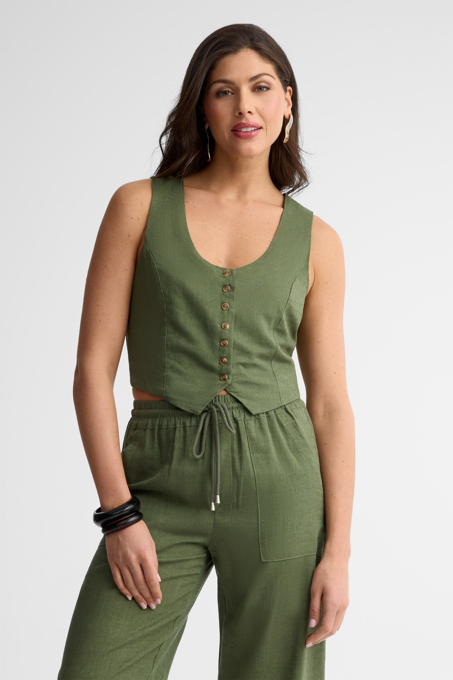 Veste sans manches coupe ajustée lin - Femme && KAKI