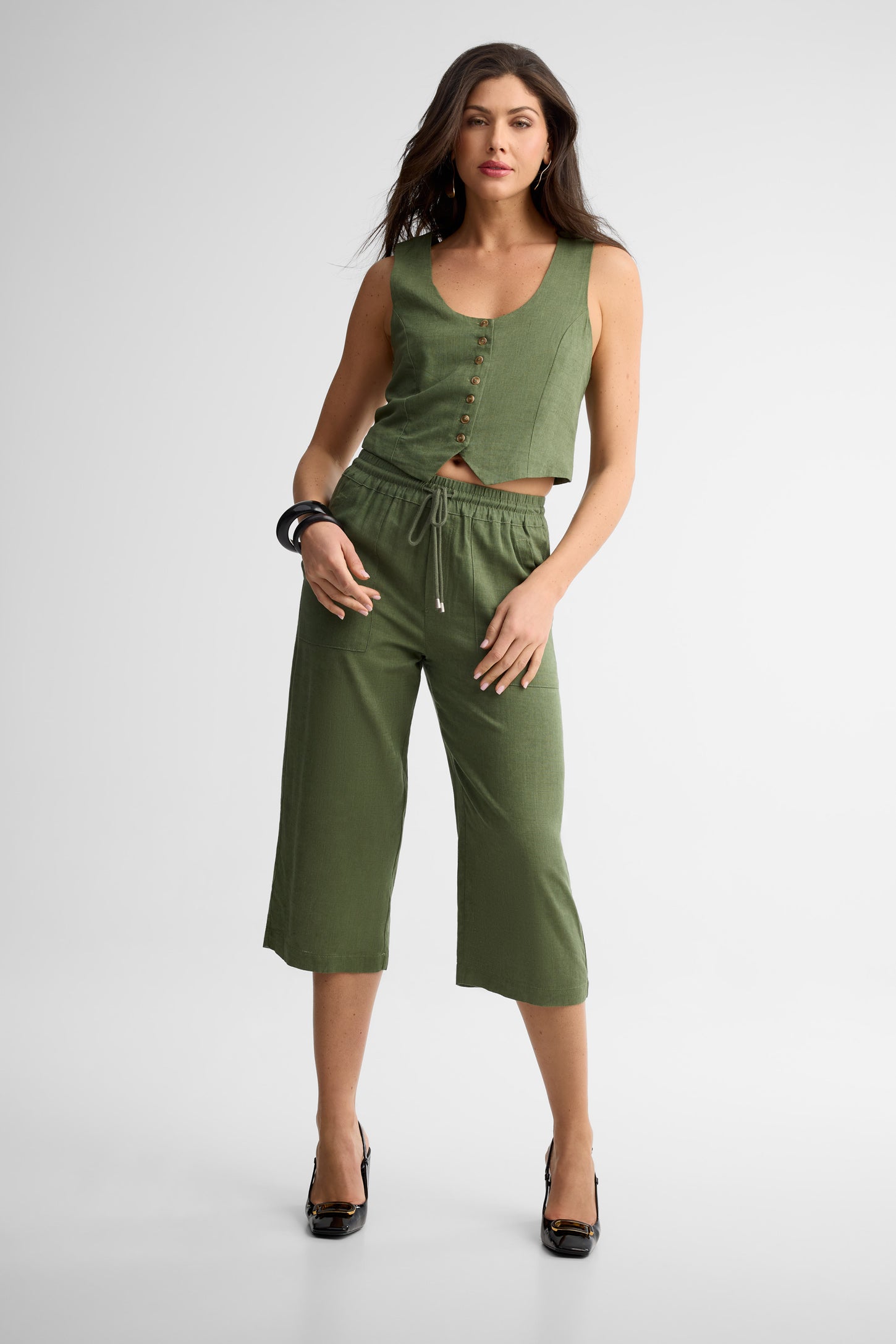Veste sans manches coupe ajustée lin - Femme && KAKI