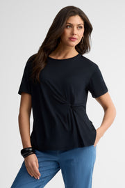 T-shirt col rond noué au-devant - Femme && NOIR