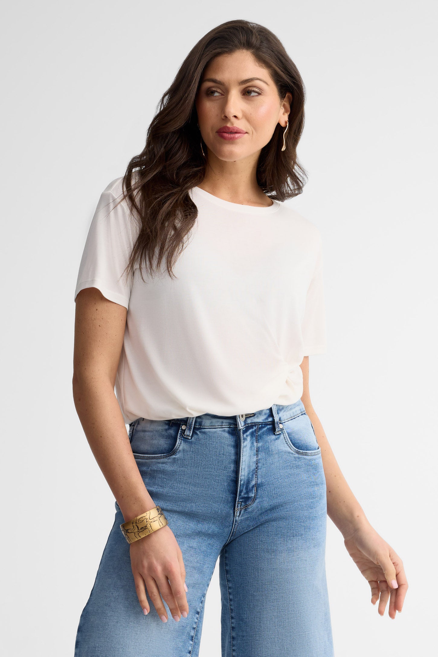T-shirt col rond noué au-devant - Femme && BLANC