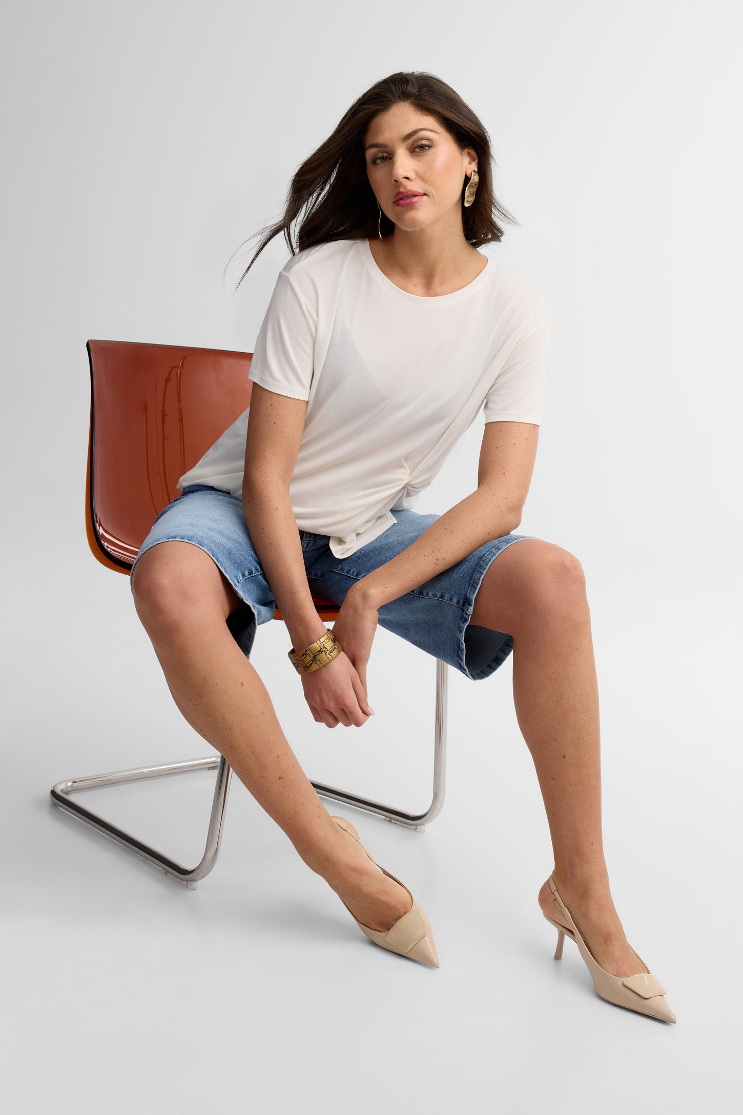 T-shirt col rond noué au-devant - Femme && BLANC